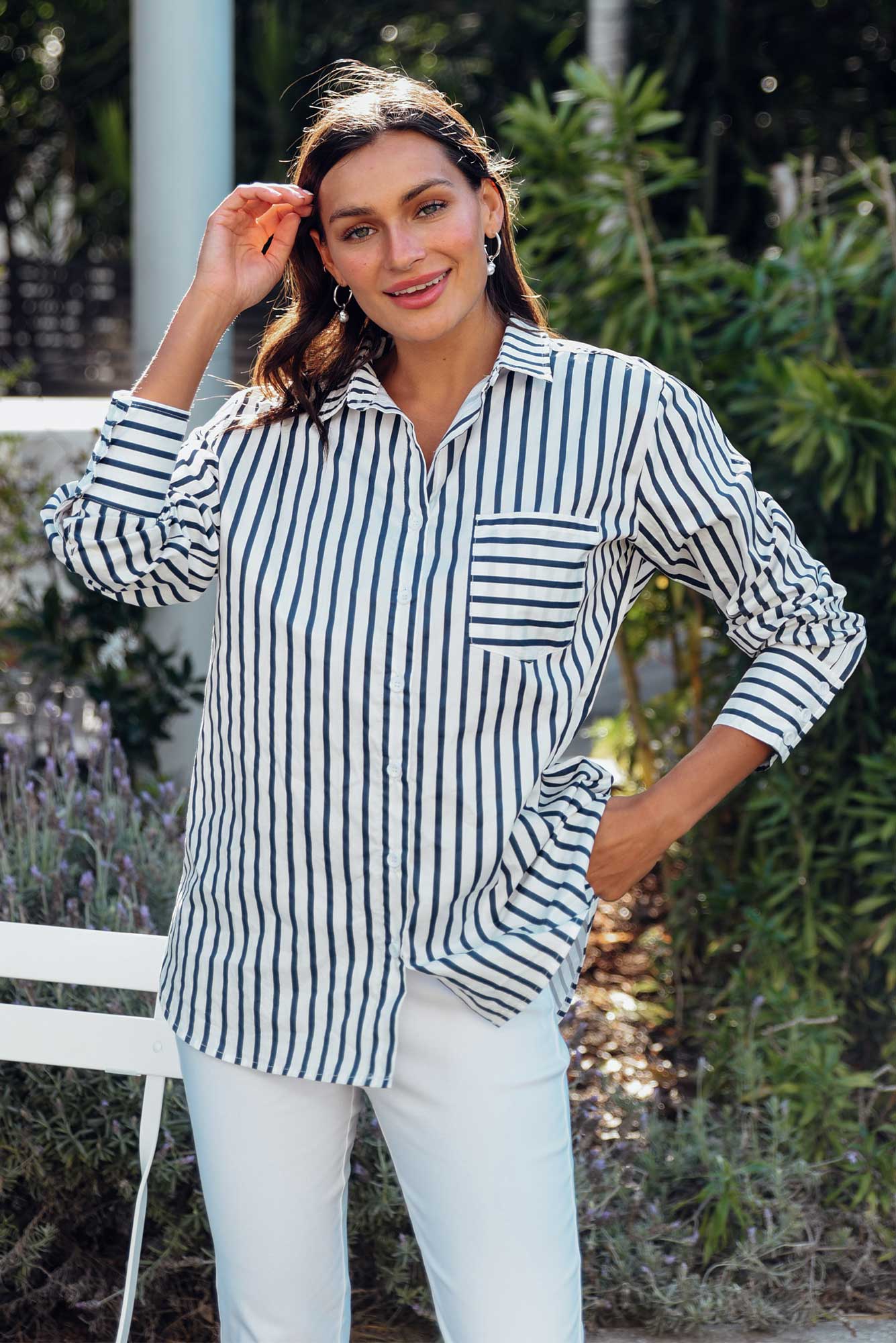 Merril Navy Stripe Cotton Poplin Shirt