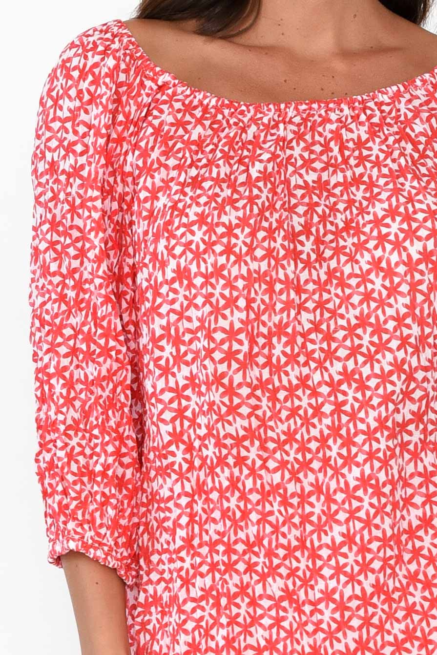 Christina Red Flower Crinkle Cotton Top