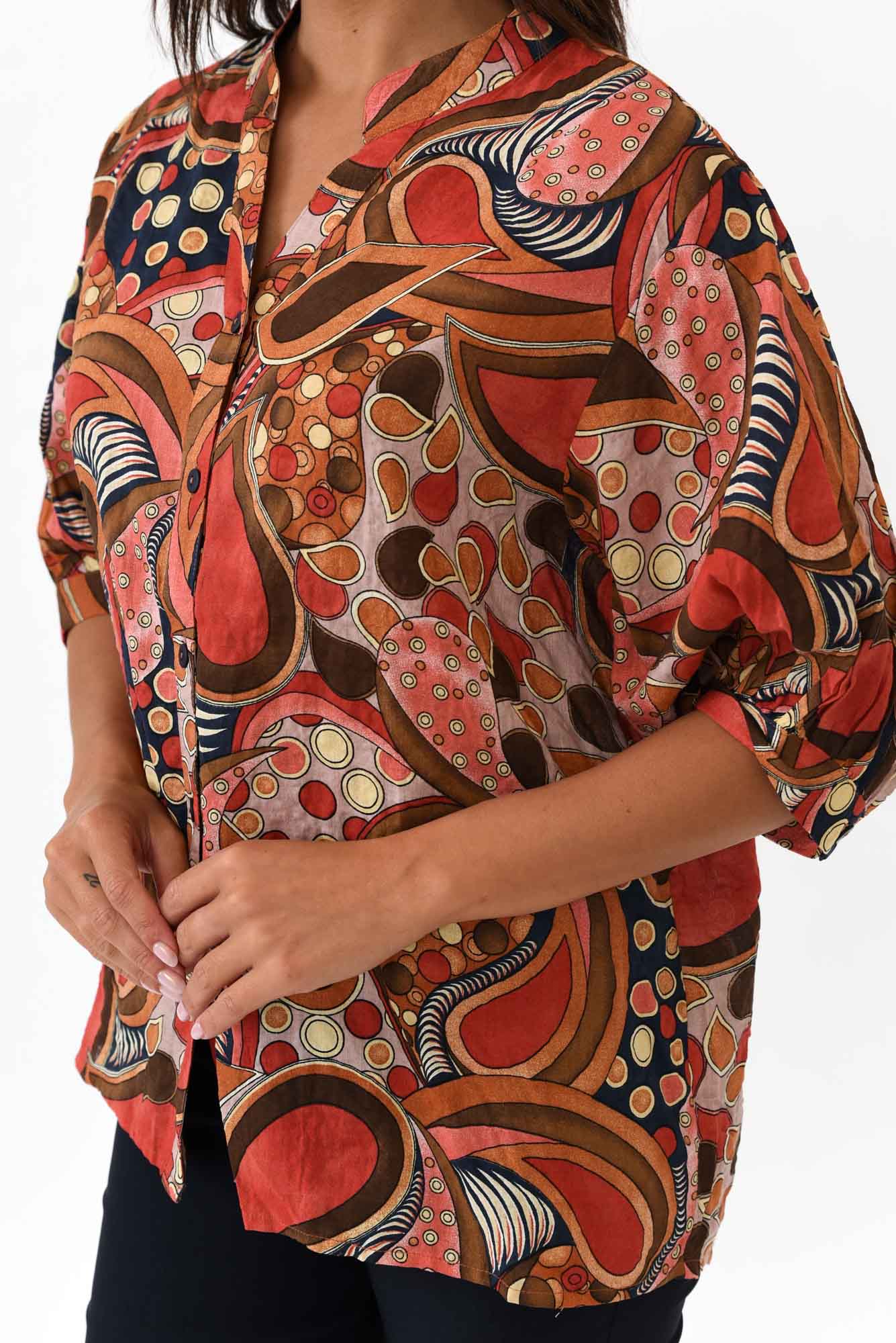 Albright Rust Abstract Cotton Button Top