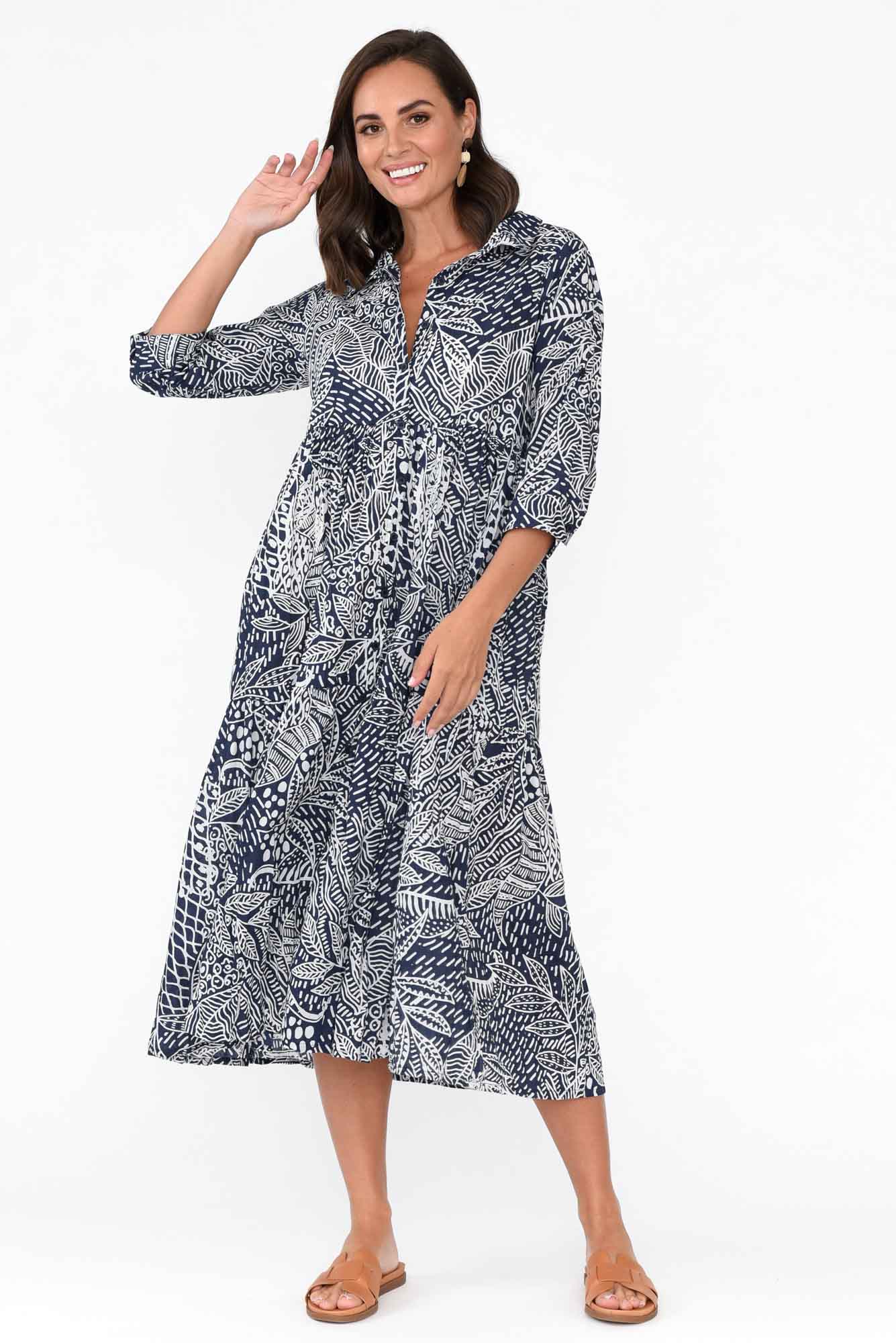 Leros Navy Jungle Organic Cotton Shirt Dress
