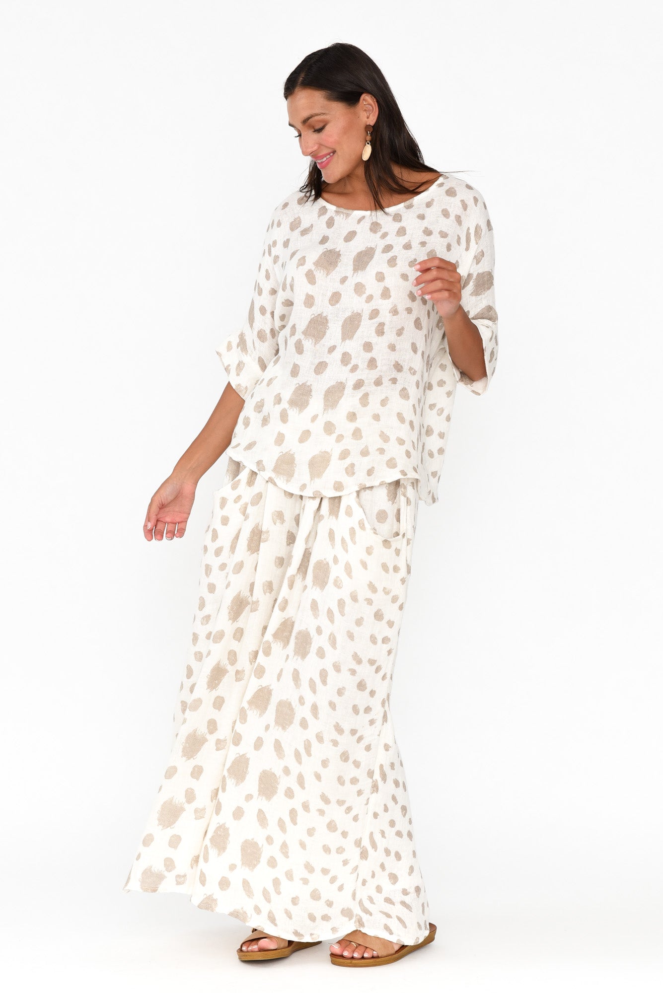 Akoni Beige Spot Linen Top