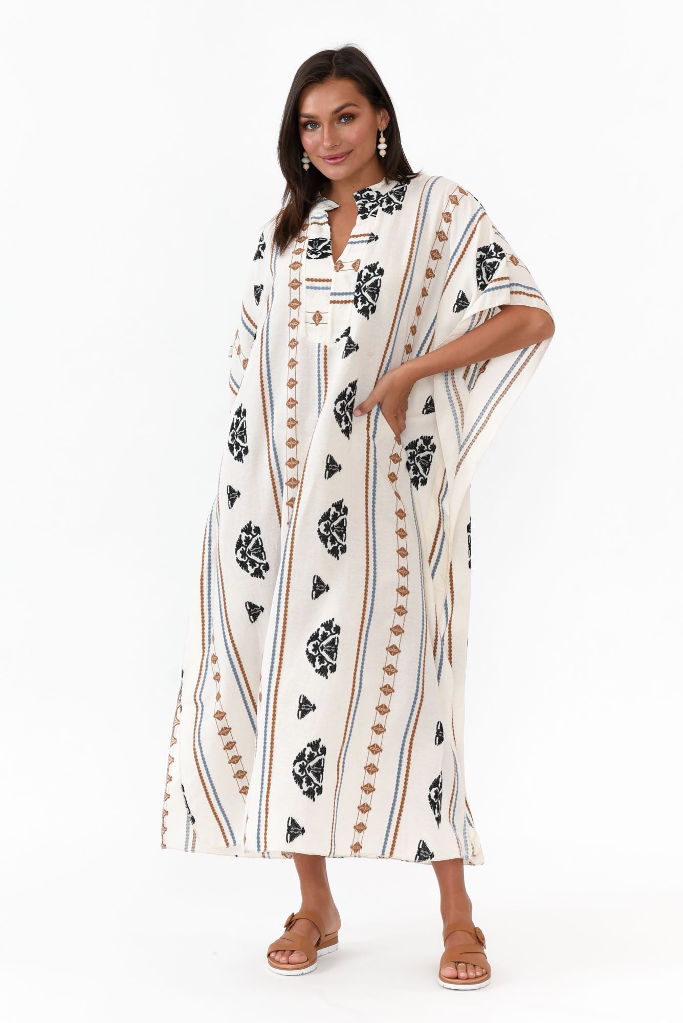 Higgins White Embroidered Cotton Kaftan