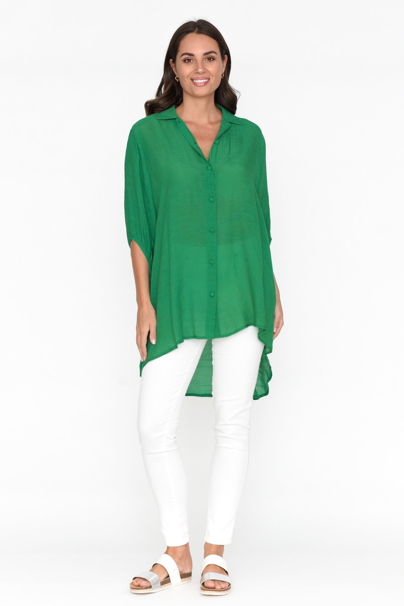 Green Cotton Blend Hi Lo Shirt
