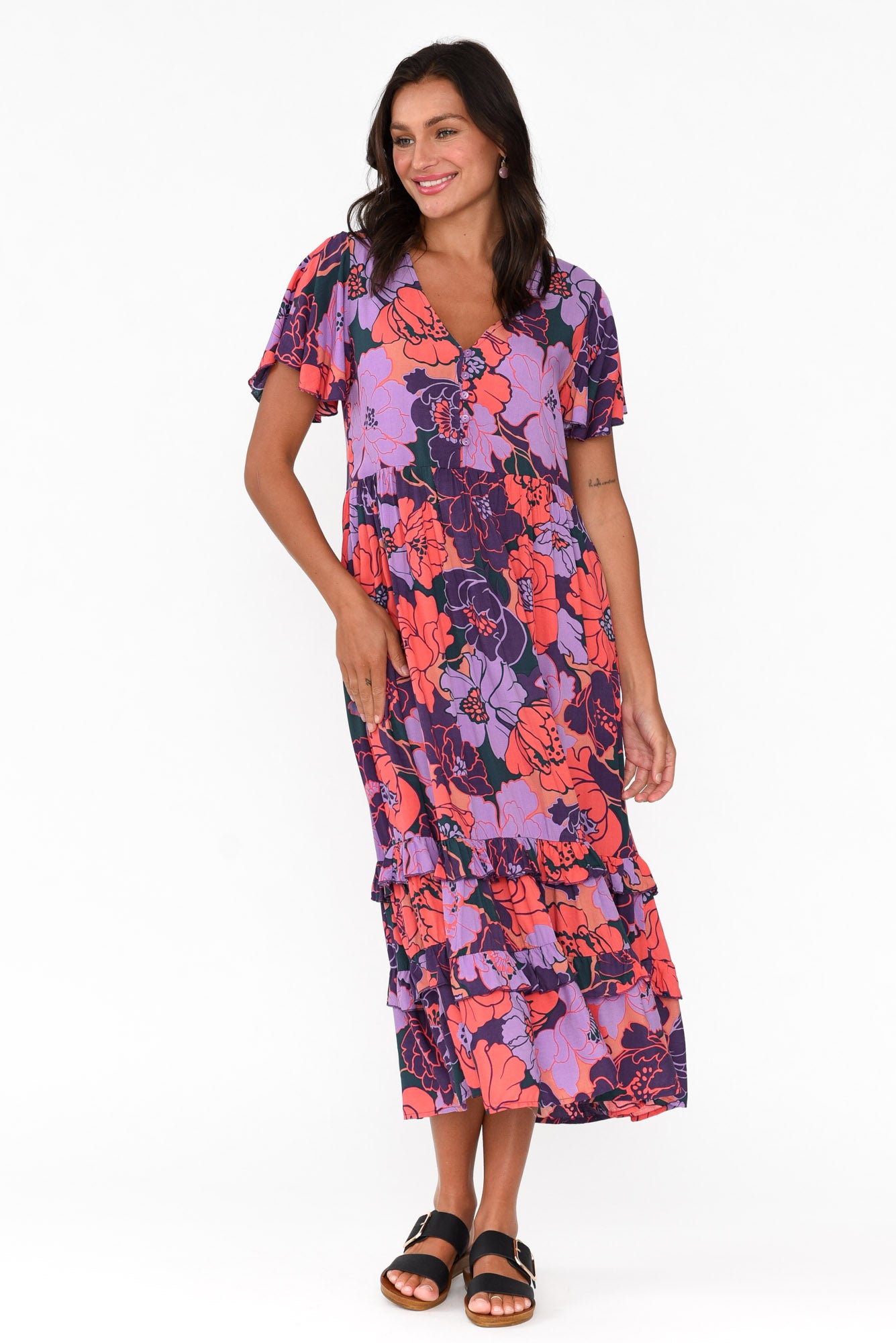 Akira Purple Flower Button Tier Dress
