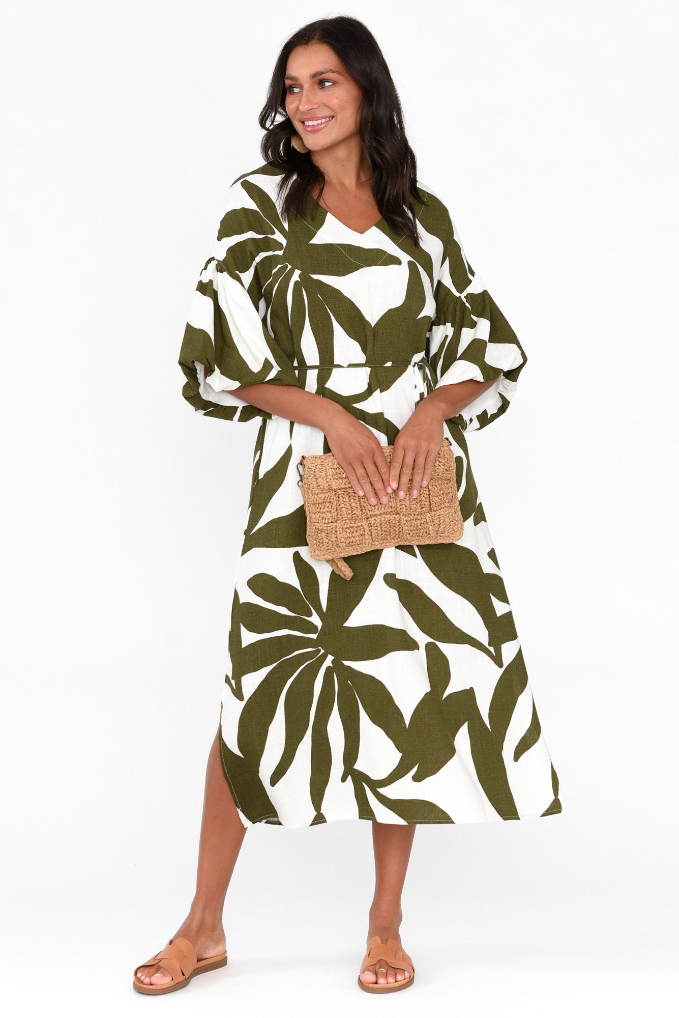 Lotte Green Leaf Puff Sleeve Dress