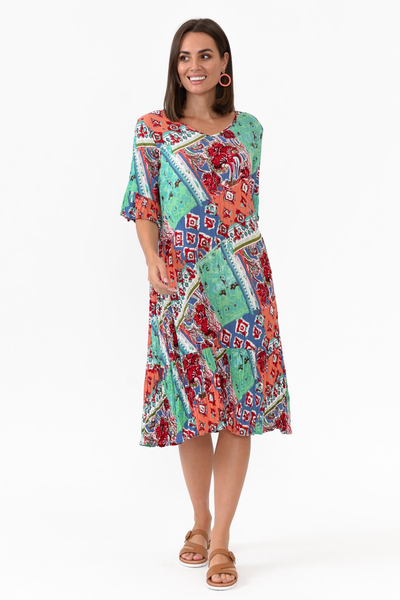 Calla Aqua Geometric Crinkle Dress