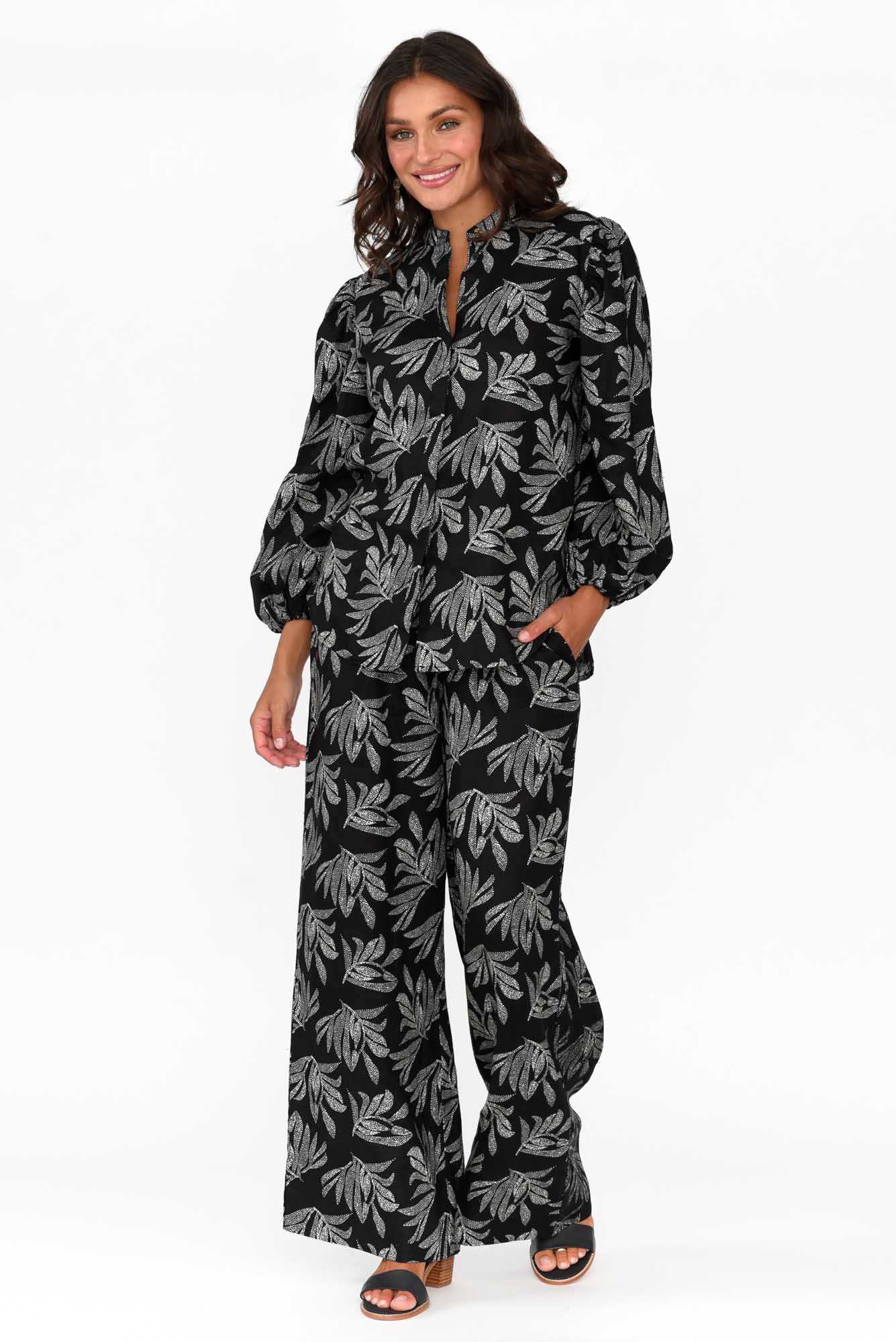 Finch Black Palm Linen Sleeved Blouse