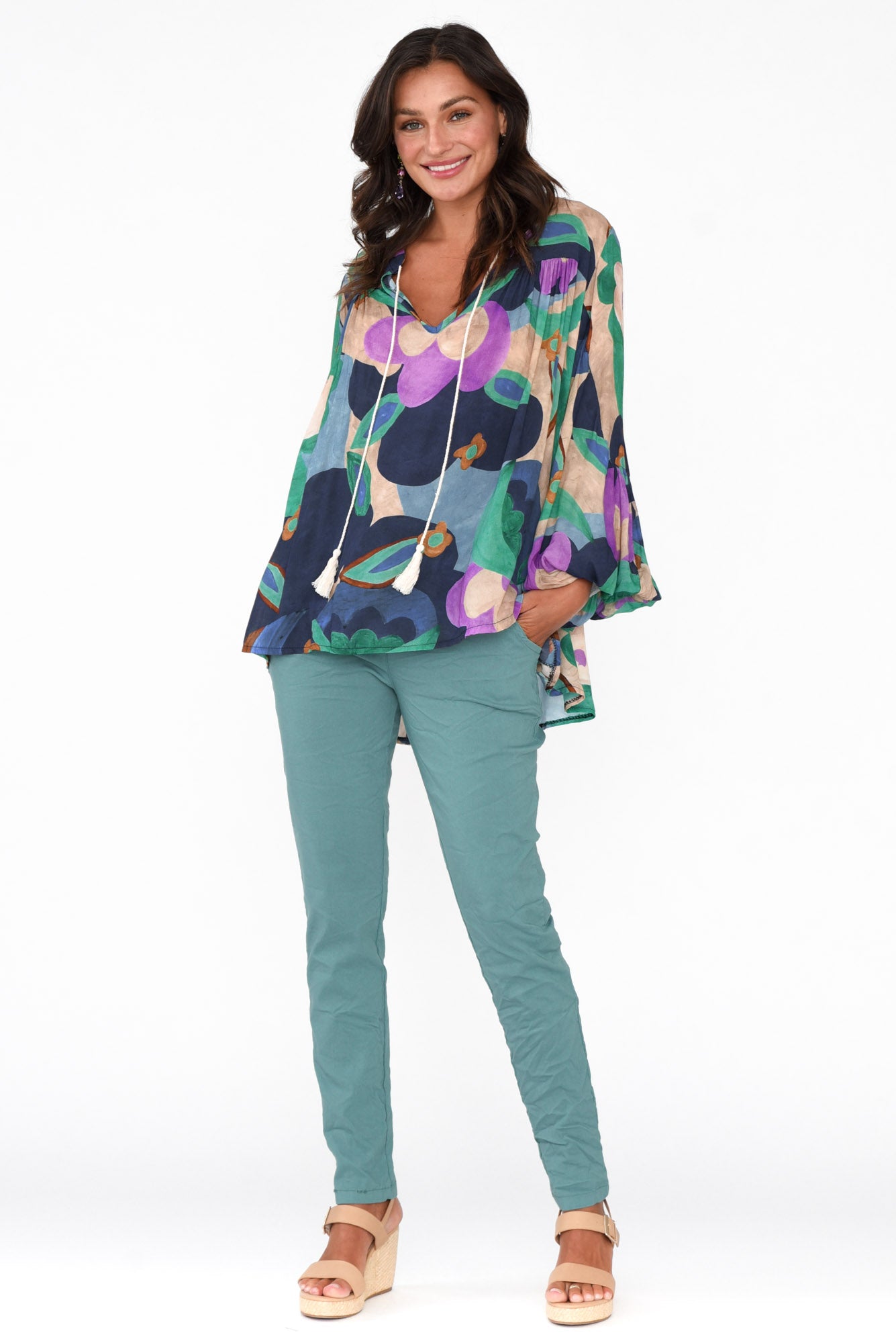Althea Navy Floral V Neck Top