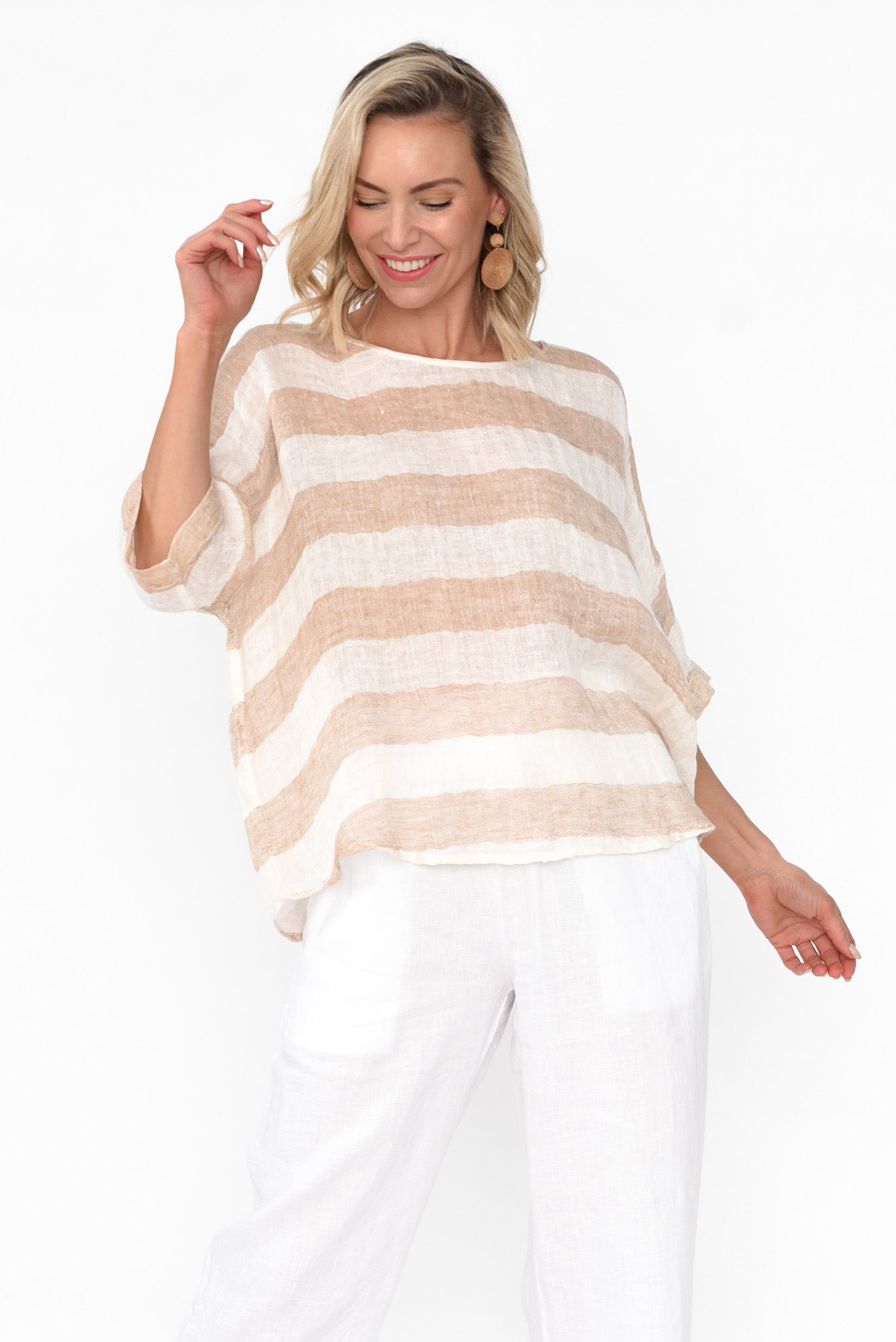 Damian Beige Stripe Linen Top