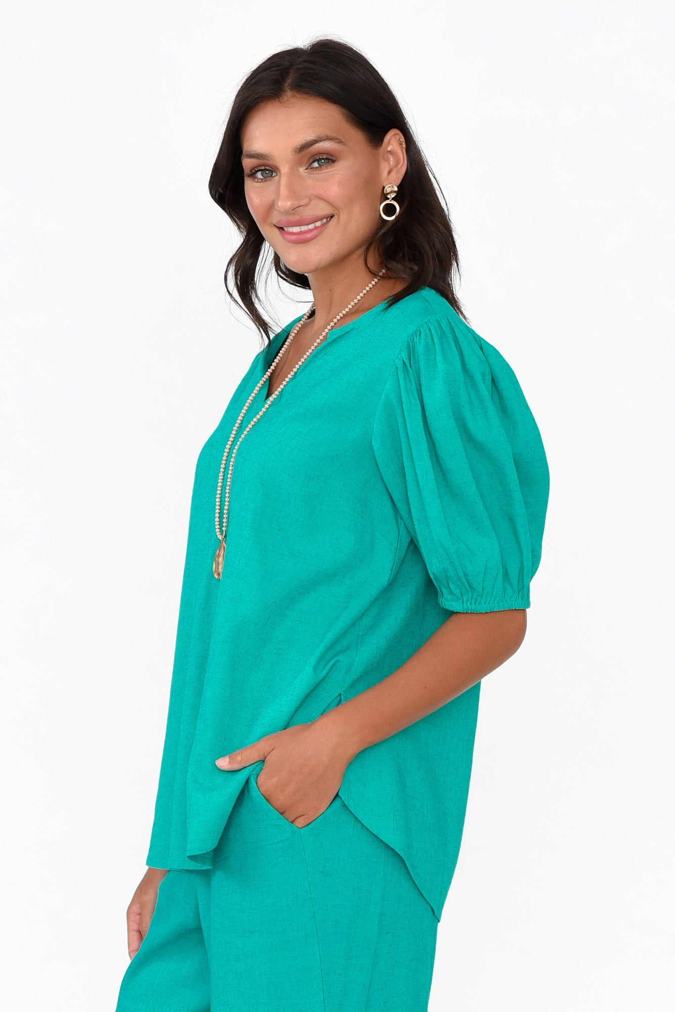 Alba Teal Linen Blend Blouse Top
