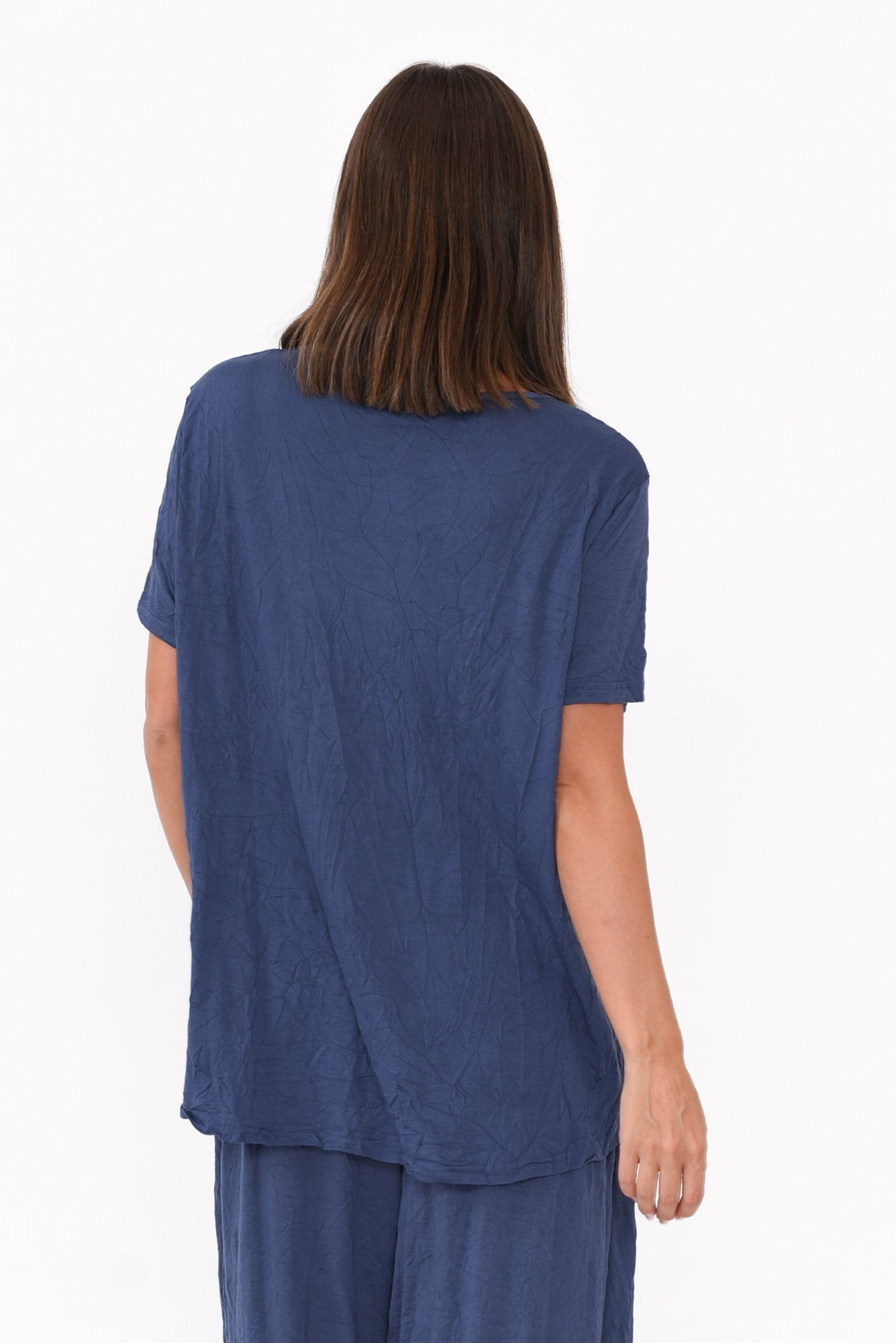 Marley Navy Crinkle Cotton Short Sleeve Top