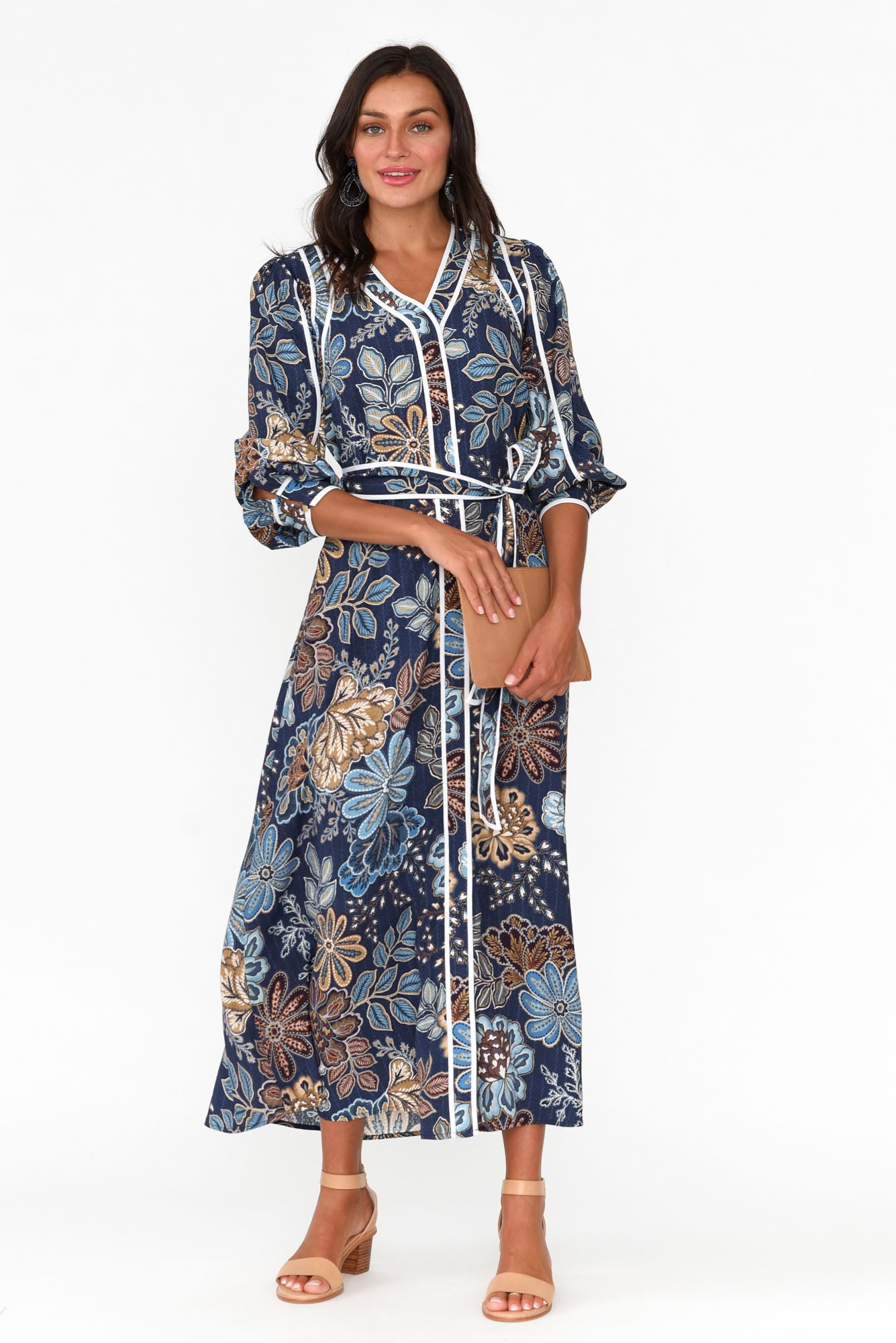 Lorene Navy Flower Bishop Sleeve Dress