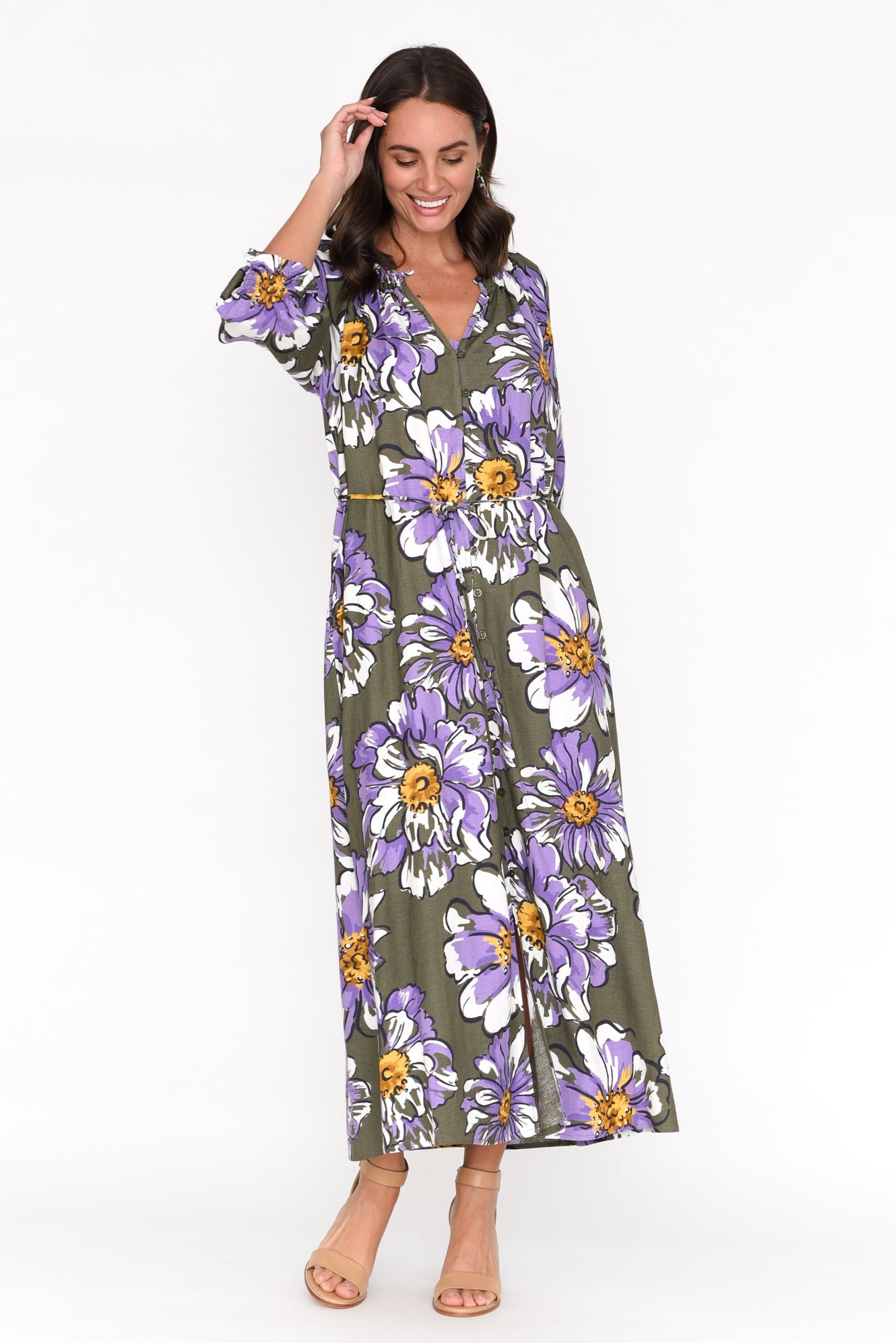 Antelle Khaki Blossom Linen Blend Dress