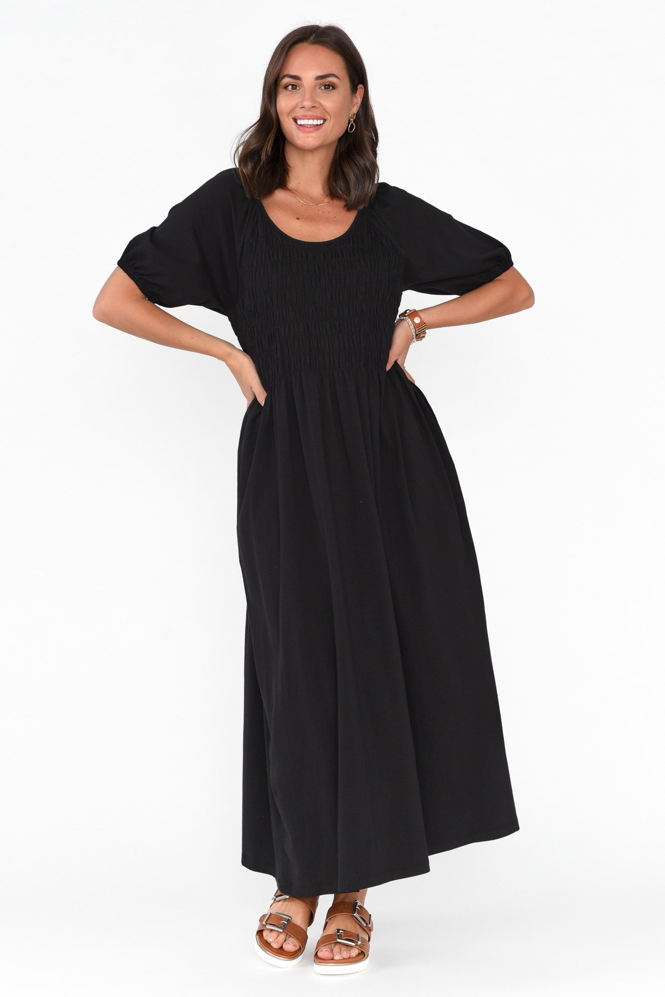 Vancouver Black Cotton Shirred Dress