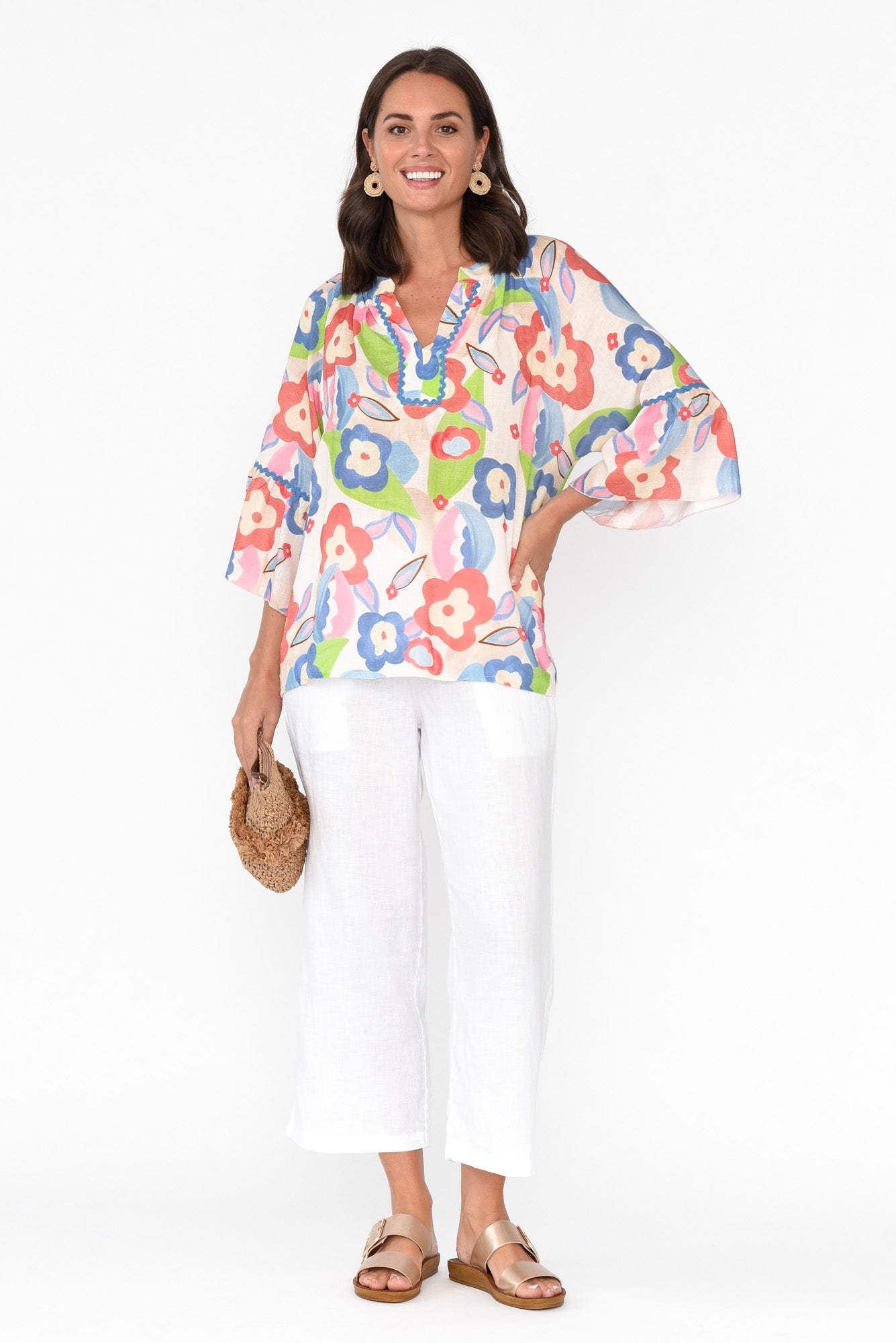 Wilda Blue Floral Linen Cotton Top