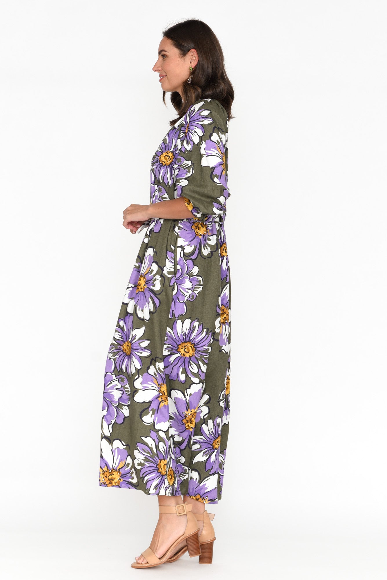 Antelle Khaki Blossom Linen Blend Dress