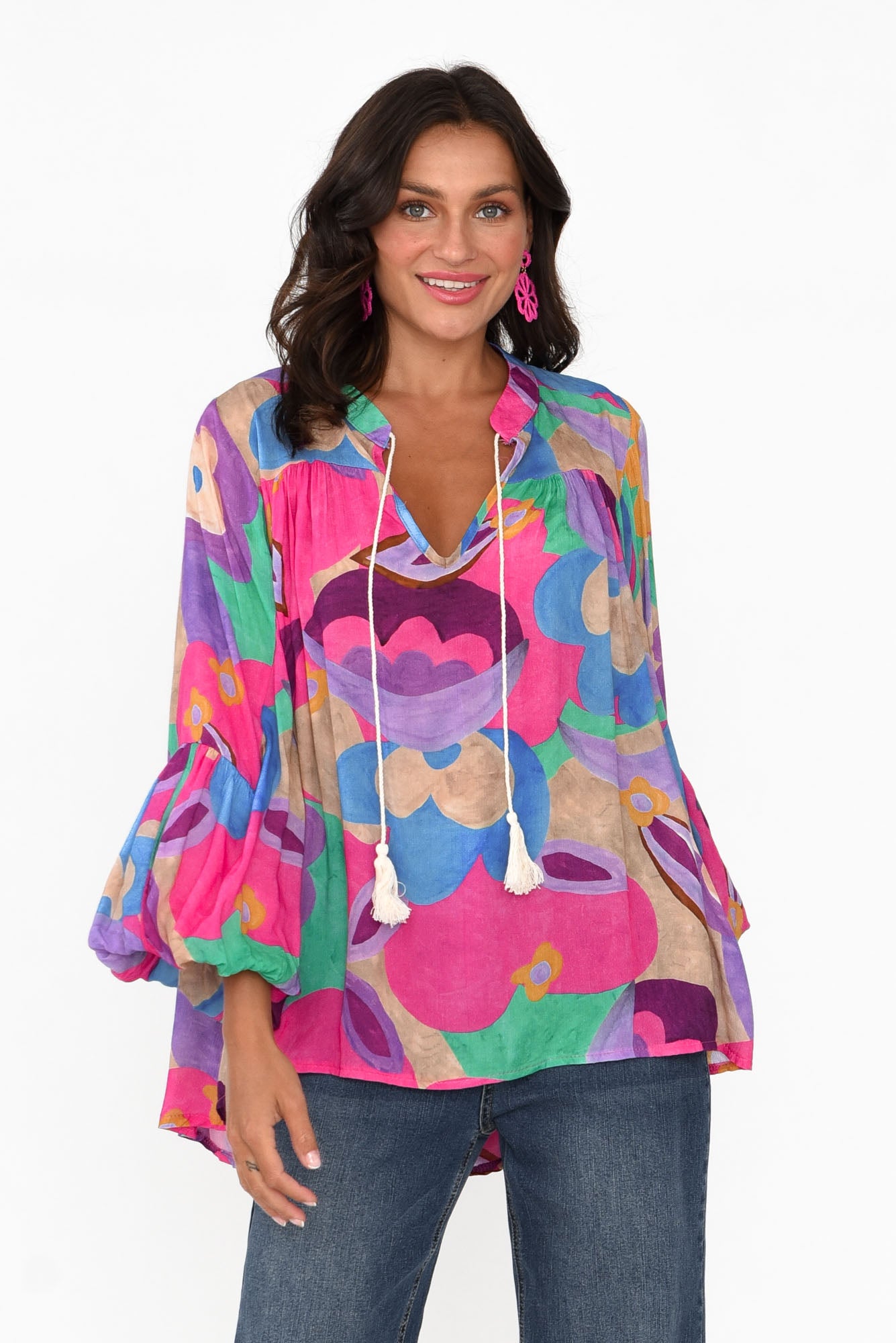 Althea Pink Abstract V Neck Top