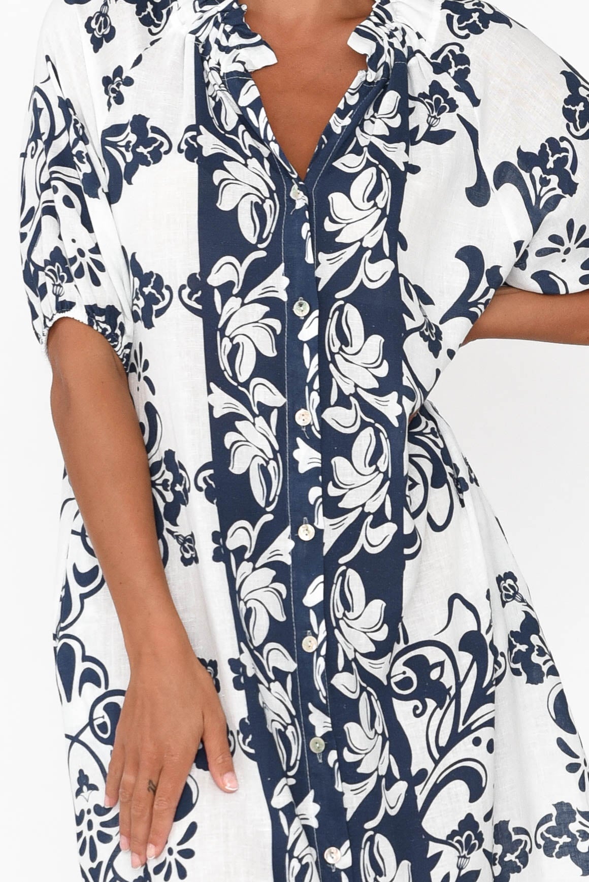 Pascale Navy Floral Linen Cotton Dress