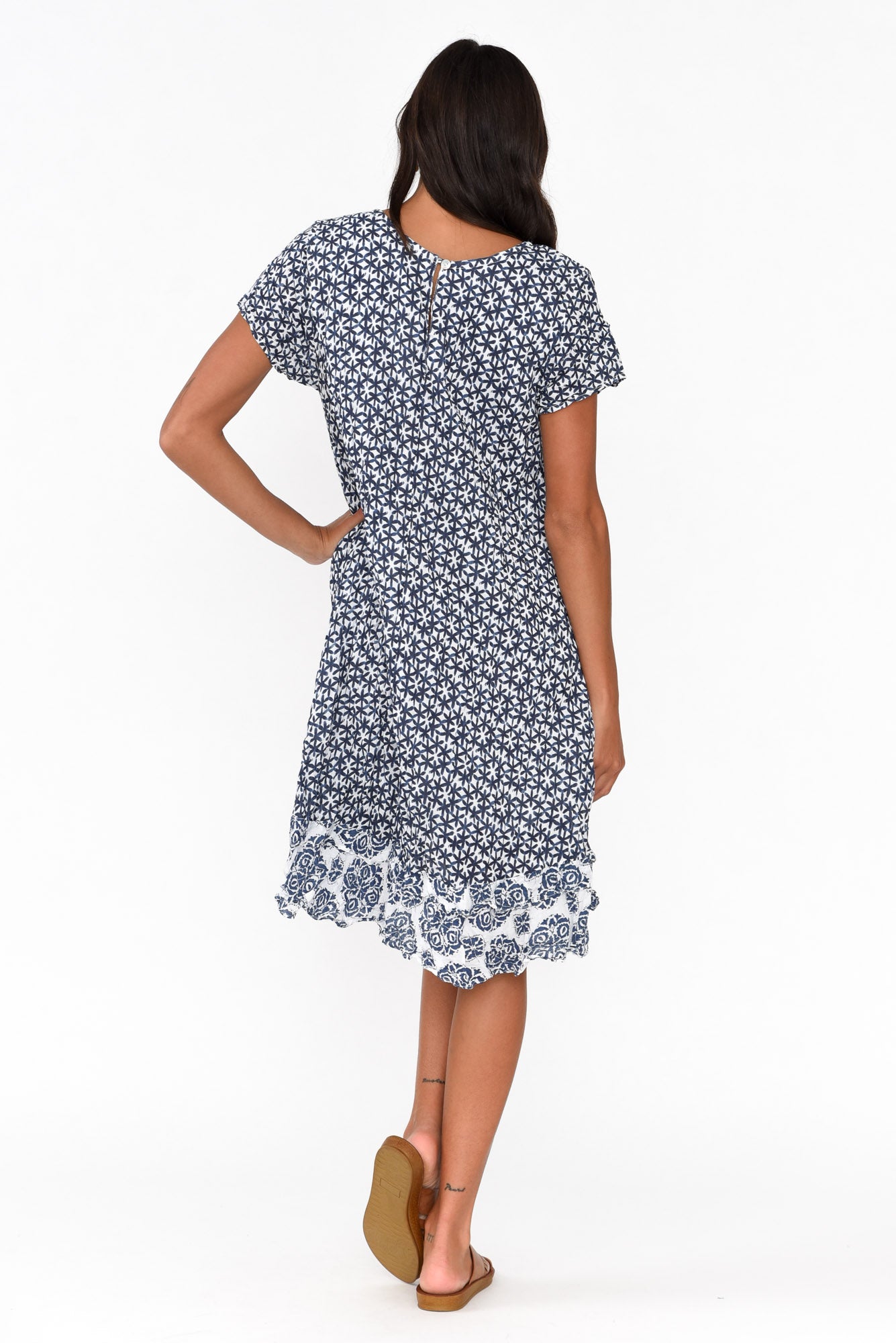Lauren Navy Flower Crinkle Cotton Dress