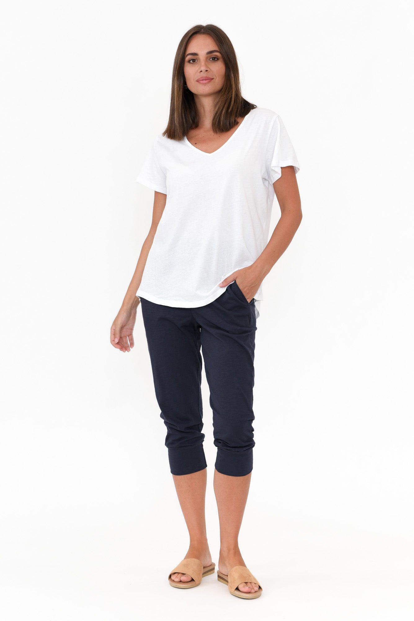 Ava White Cotton V Neck Tee