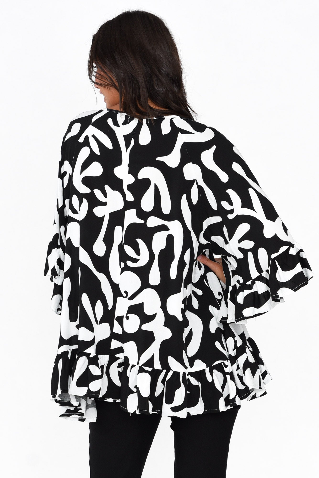 Chase Black Abstract Tassel Ruffle Top