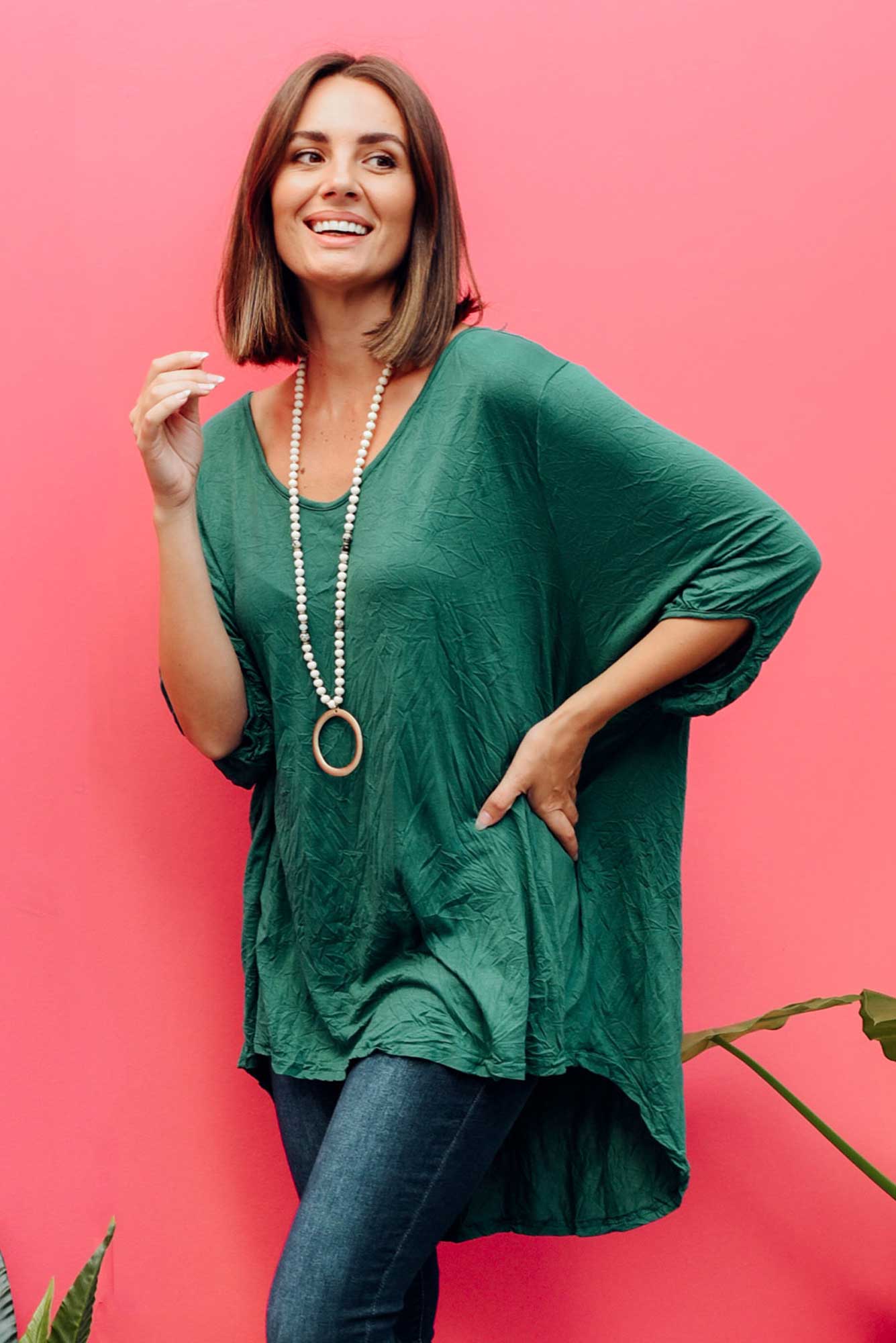 Agnes Emerald Crinkle Cotton Hi Lo Top