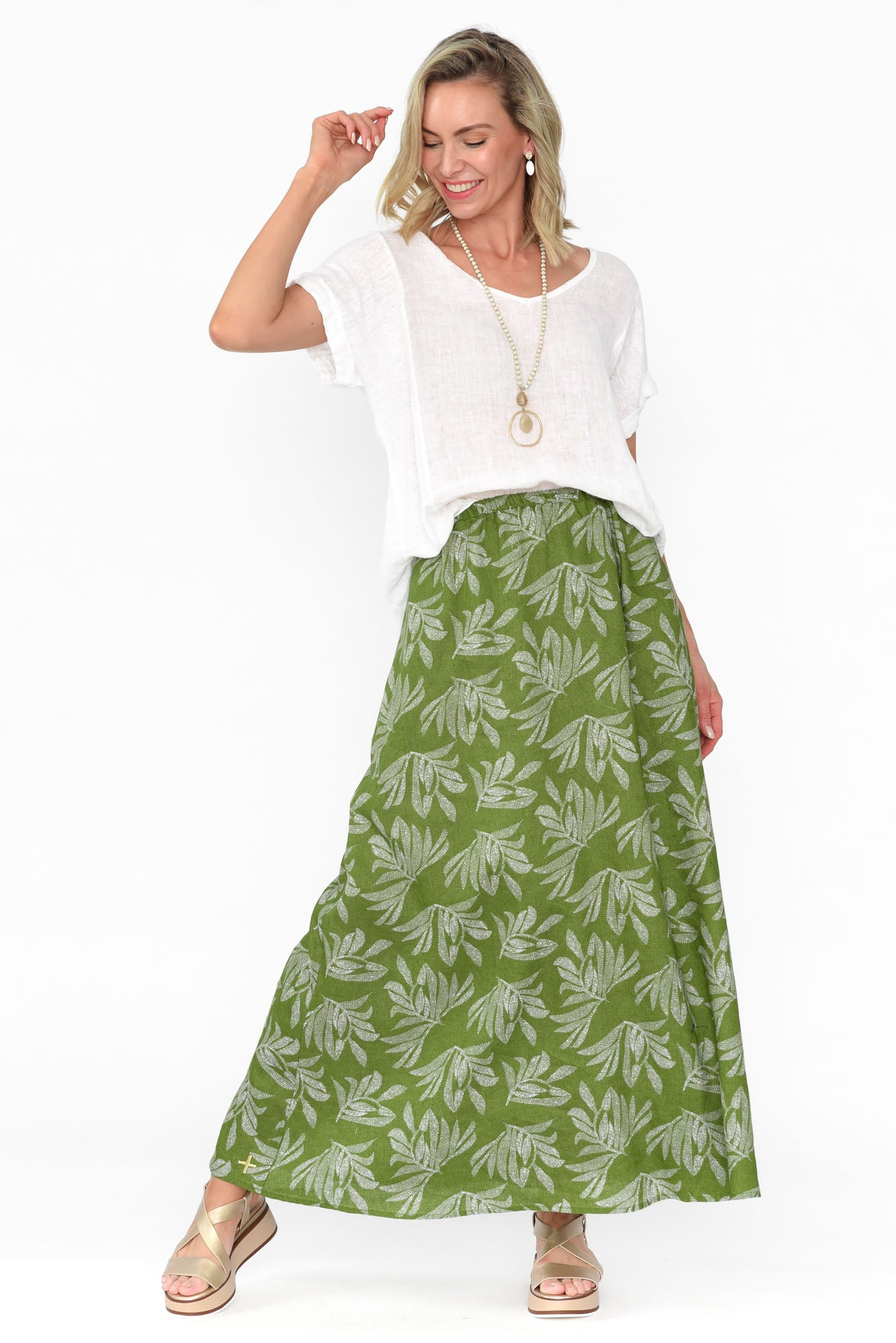 Giana Green Palm Linen Maxi Skirt