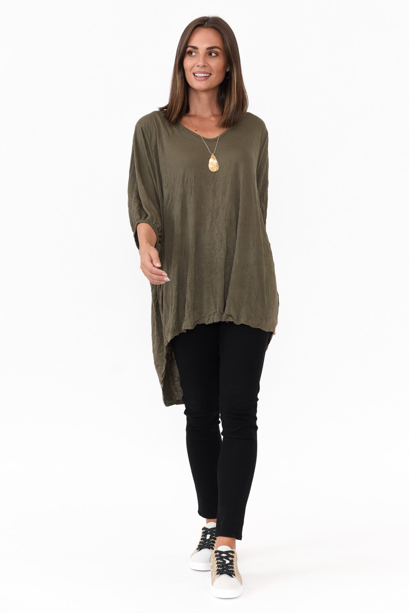 Agnes Khaki Crinkle Cotton Hi Lo Top