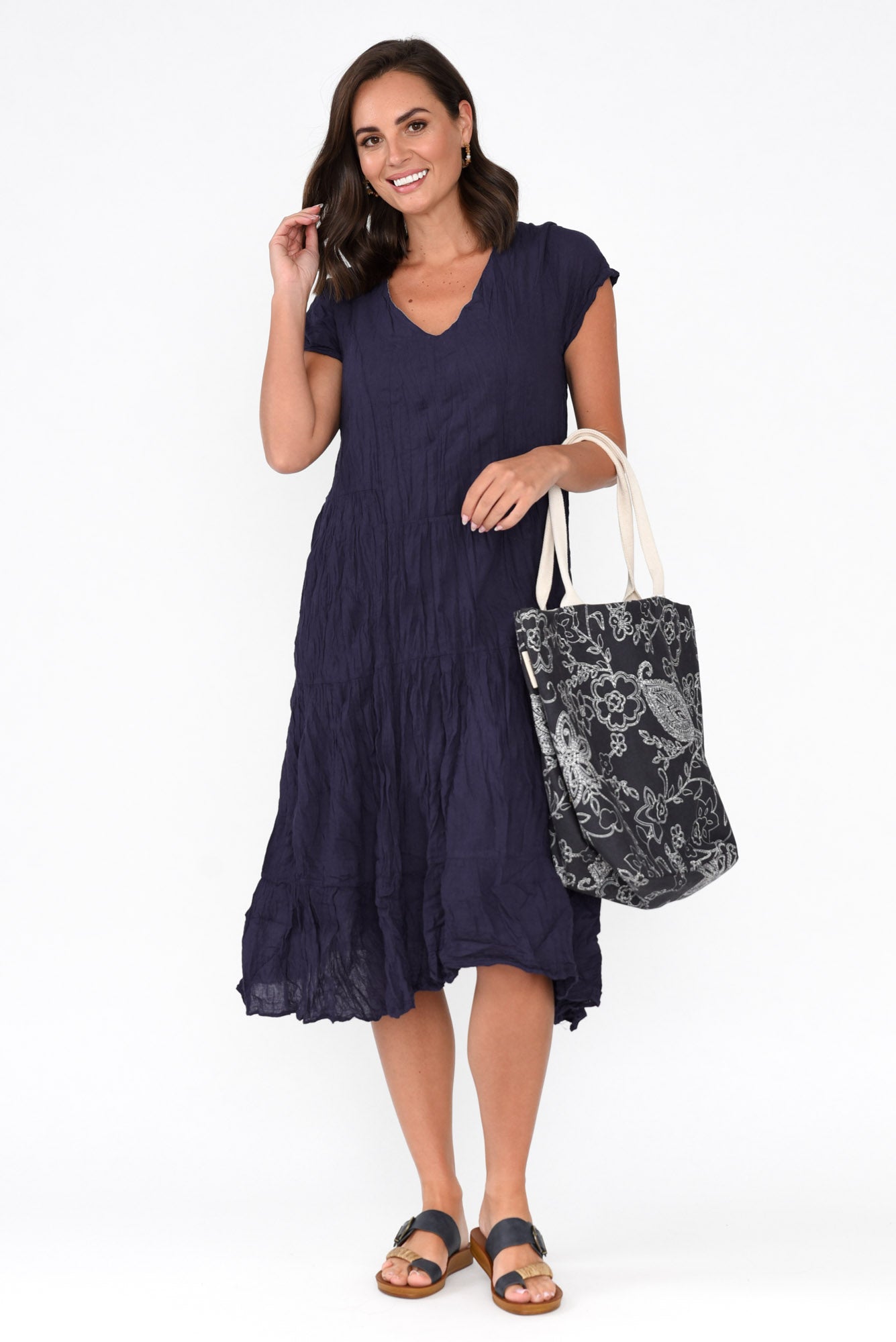 Carmen Navy Crinkle Cotton Dress