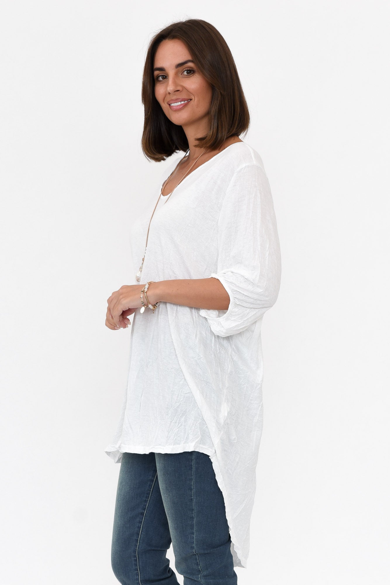 Agnes White Crinkle Cotton Hi Lo Top