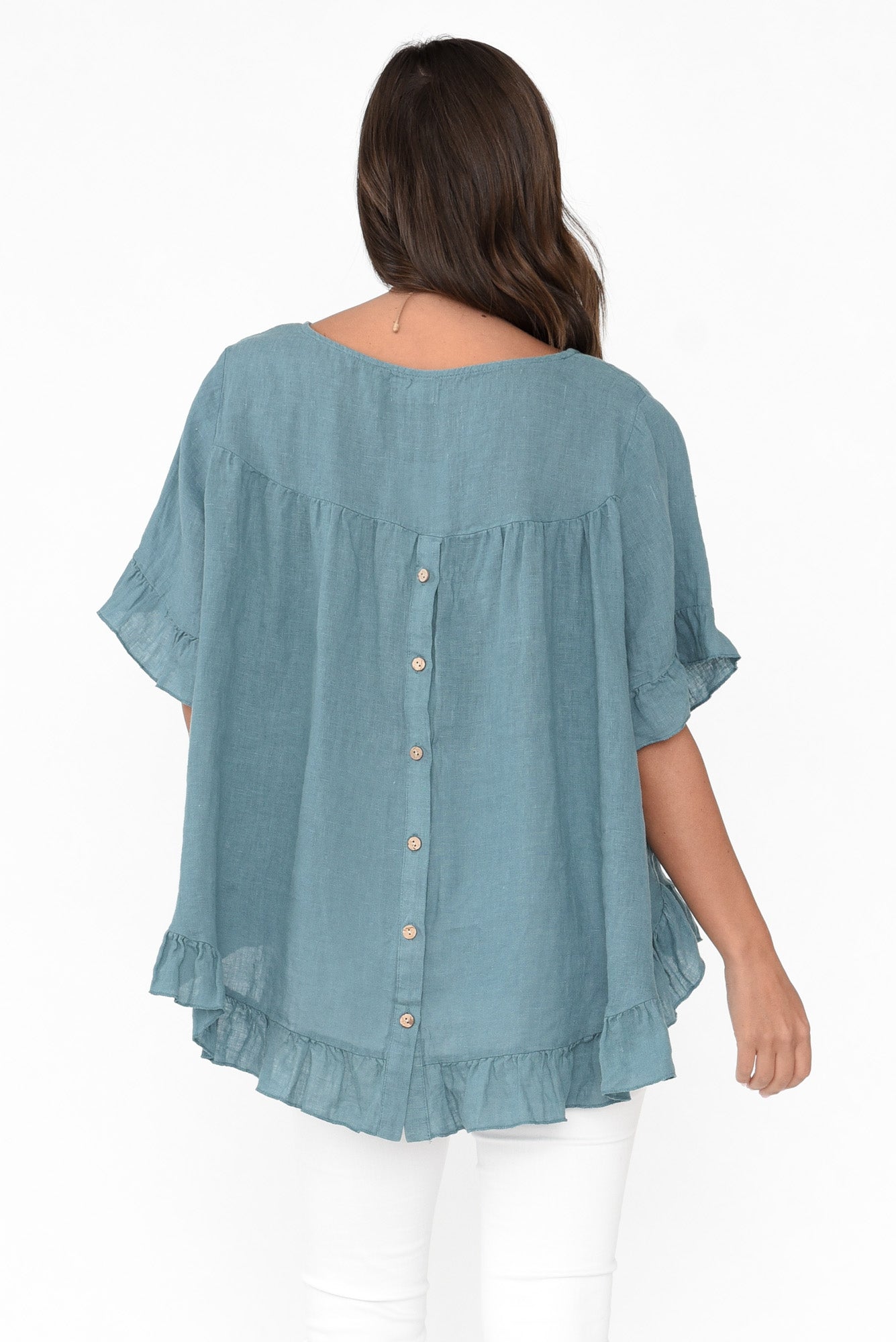 Genevieve Blue Linen Frill Top