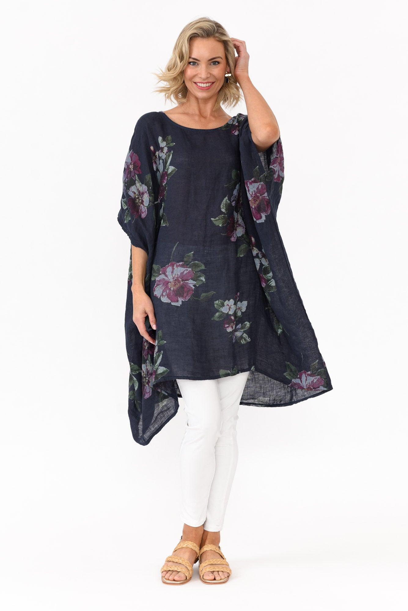 Noemi Navy Floral Linen Kaftan Tunic