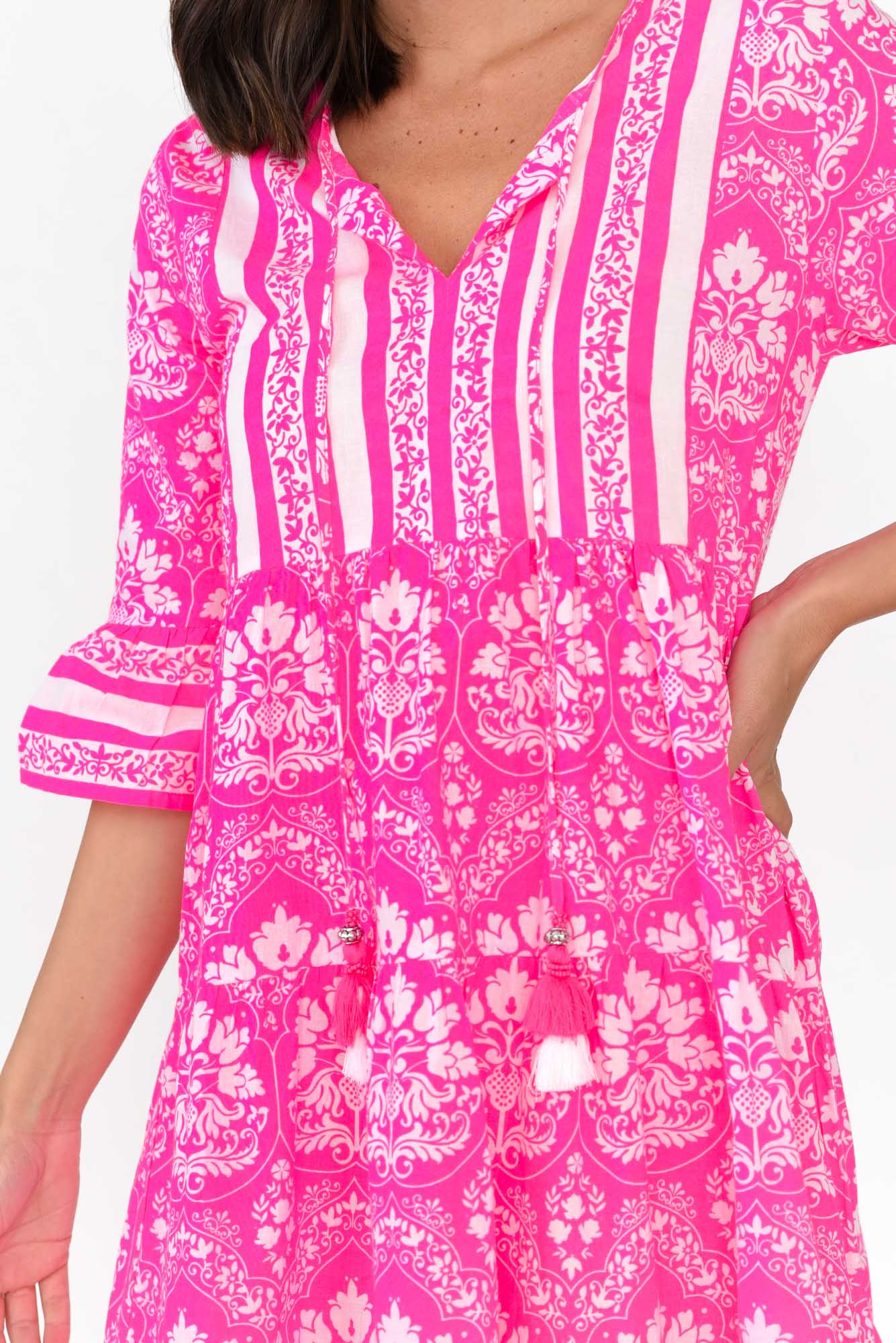 Amber Hot Pink Damask Cotton Dress