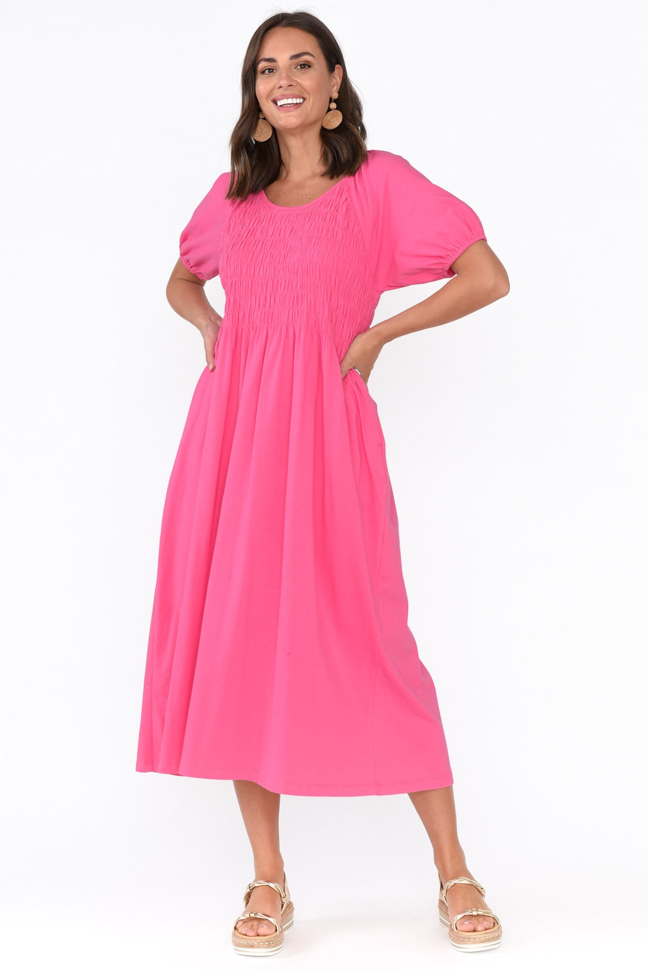 Vancouver Pink Cotton Shirred Dress
