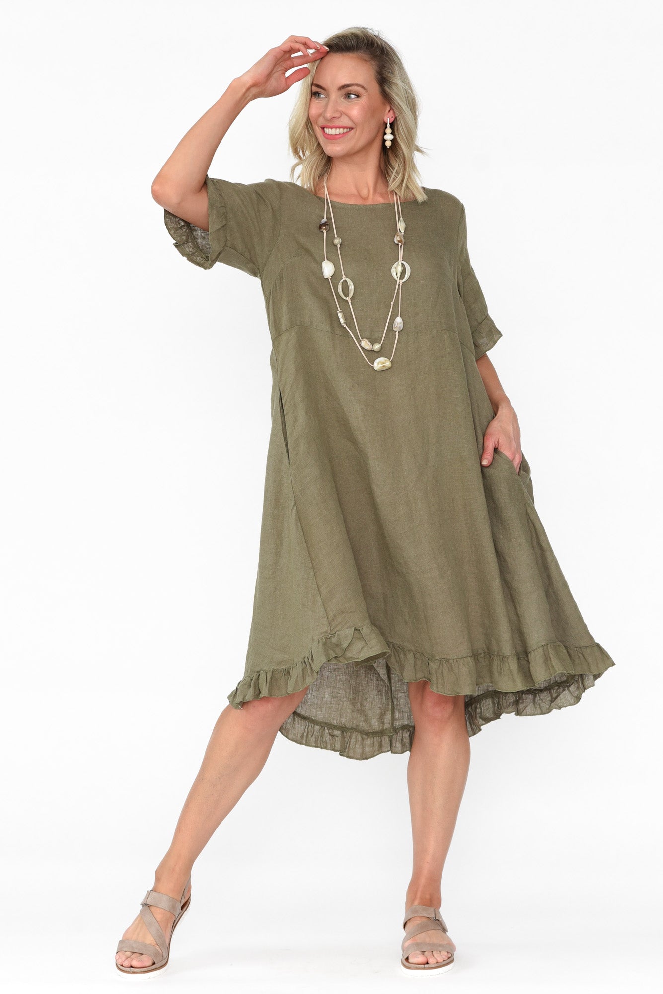 Elodie Khaki Linen Frill Dress