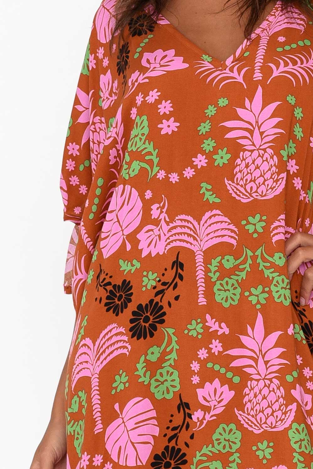 Marika Rust Tropical Cold Shoulder Kaftan