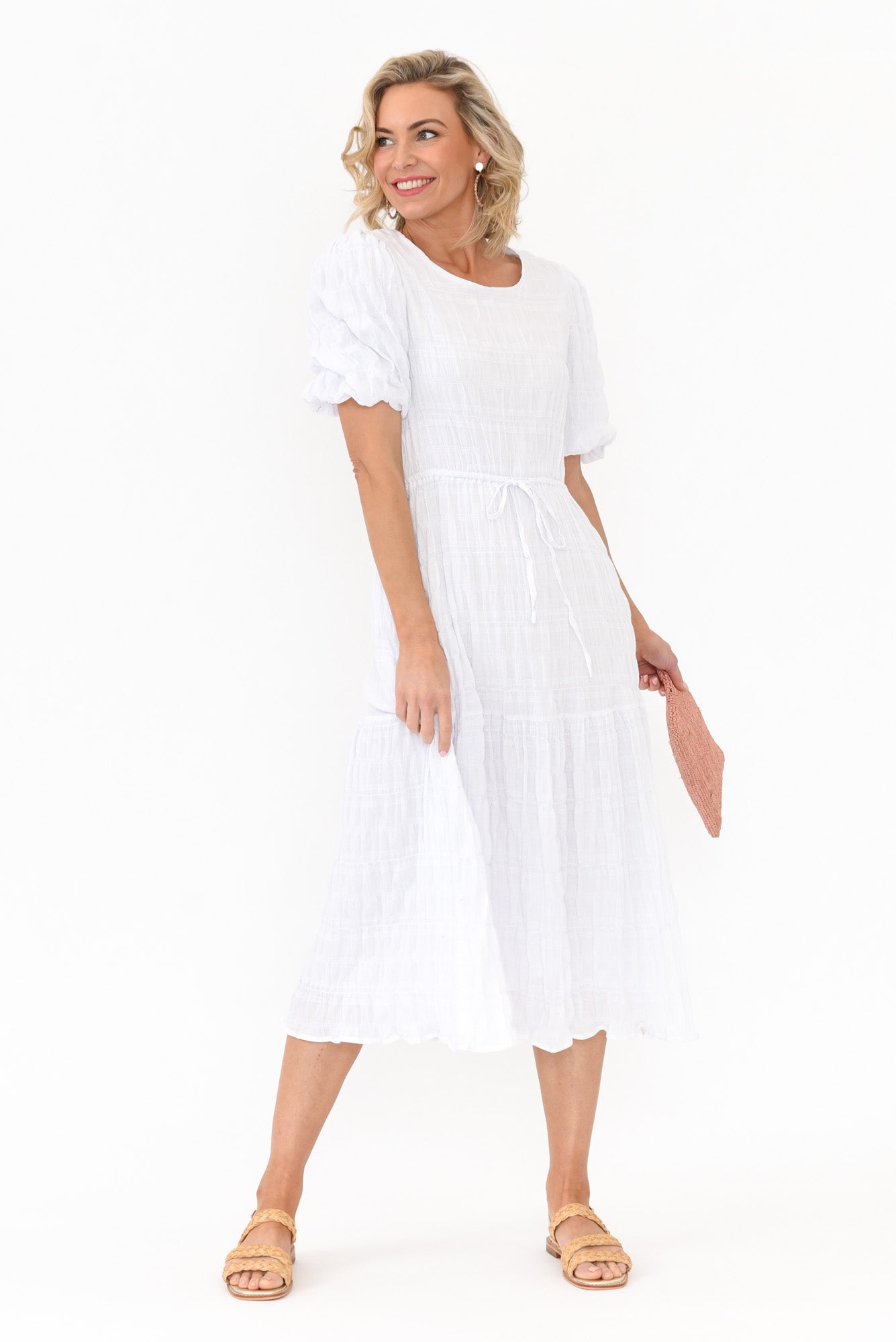 Rava White Cotton Tie Dress