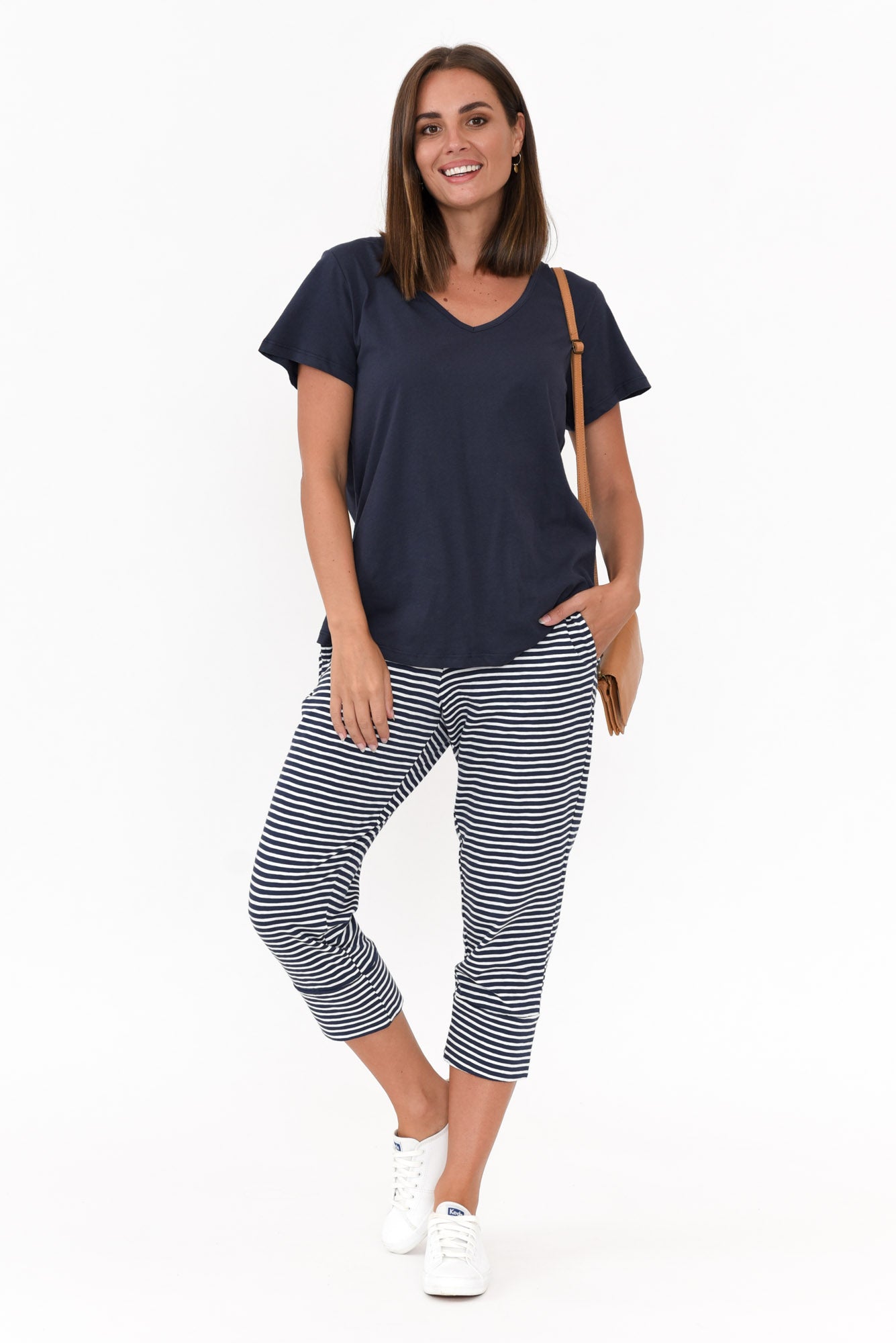 Ava Navy Cotton V Neck Tee
