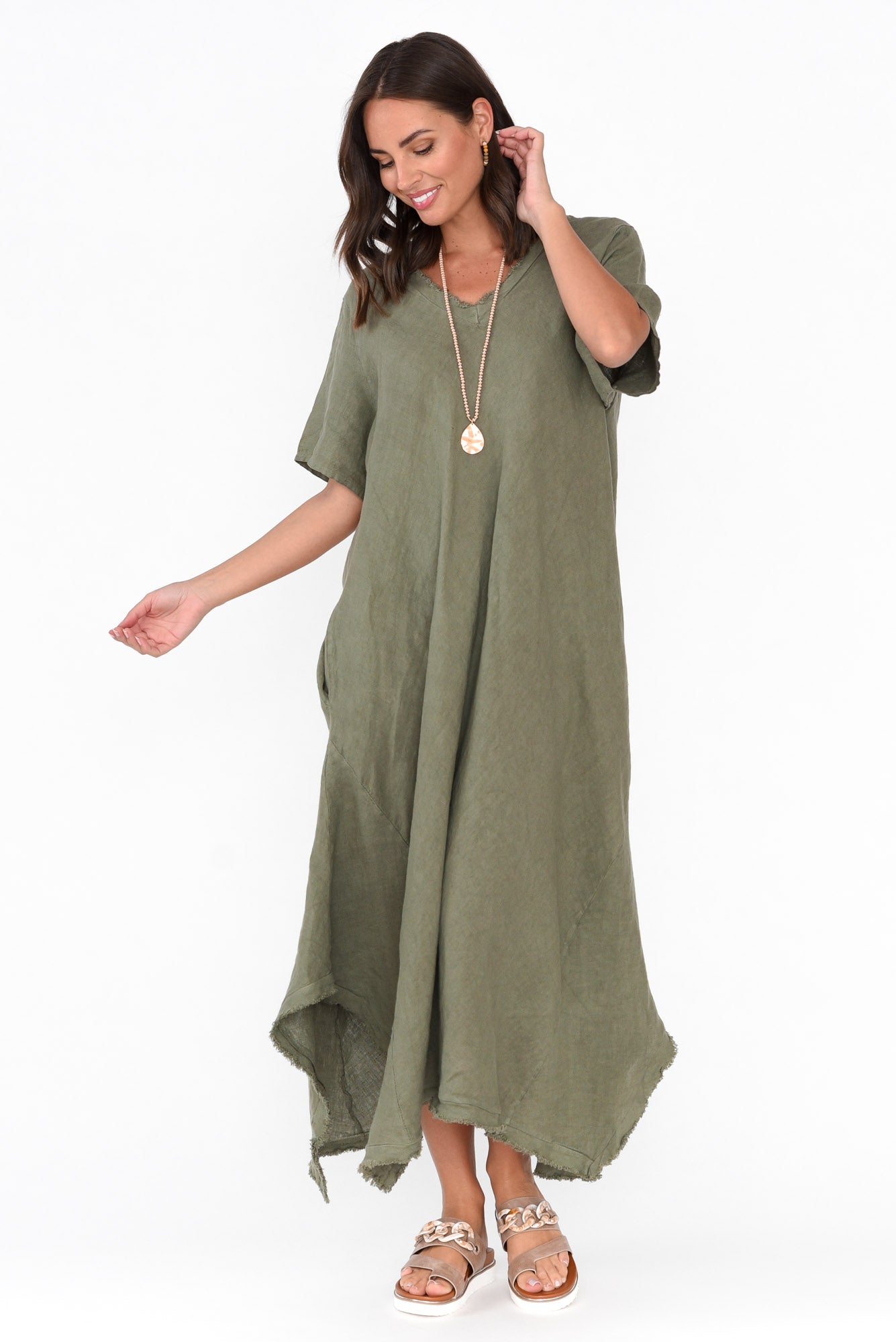 Lacasa Khaki Linen Frayed Dress