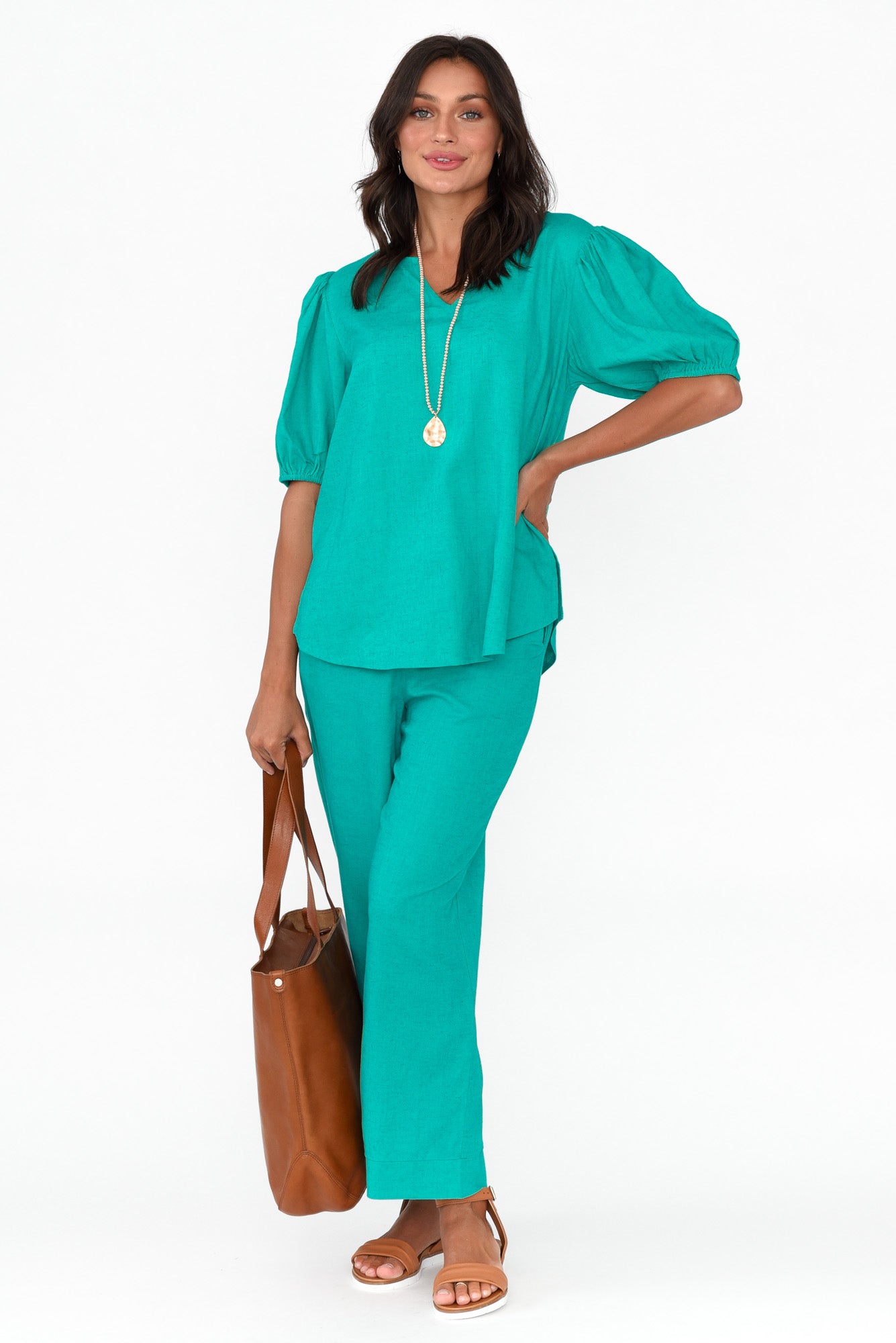Alba Teal Linen Blend Blouse Top