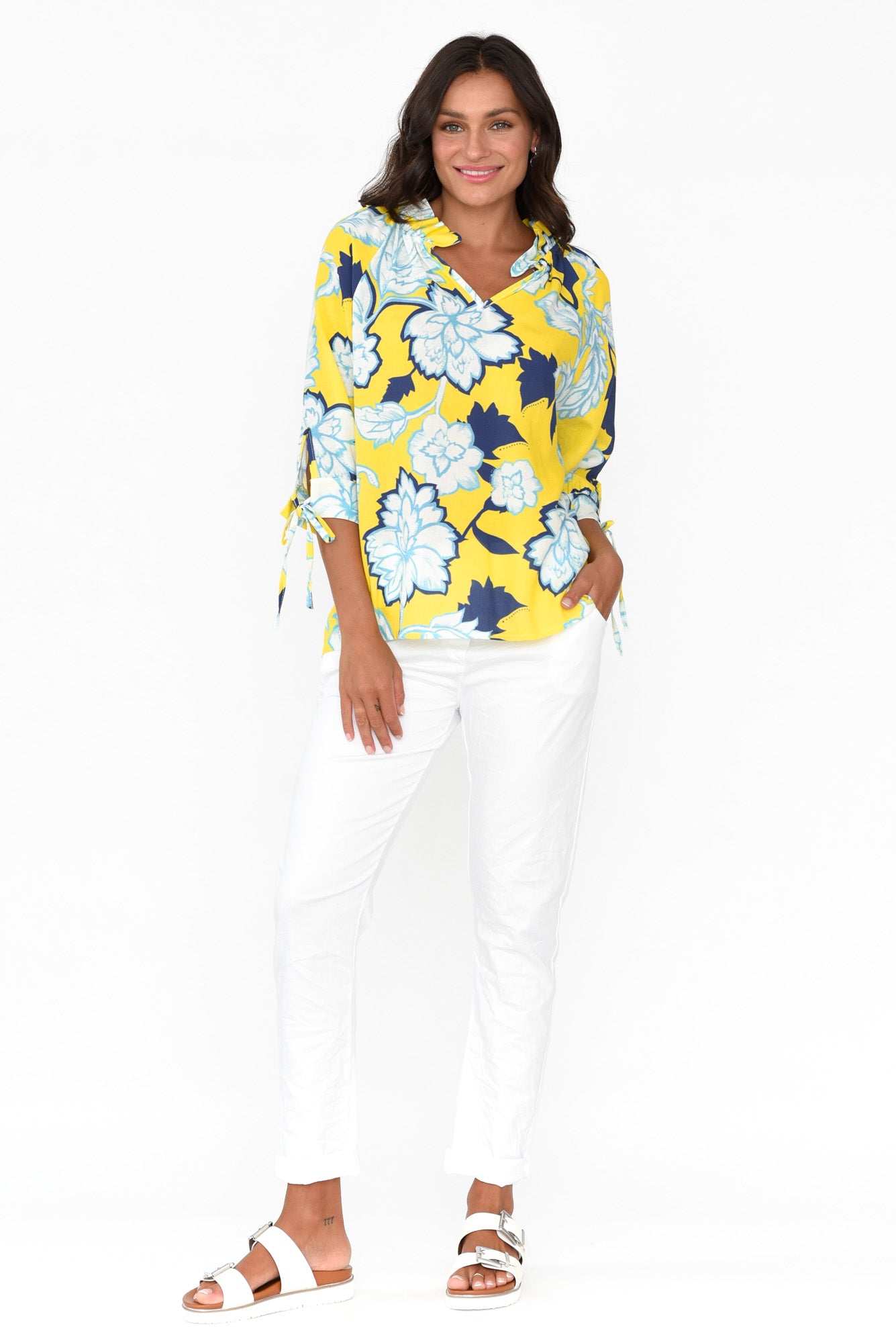 Hebe Yellow Floral Linen Blend Top