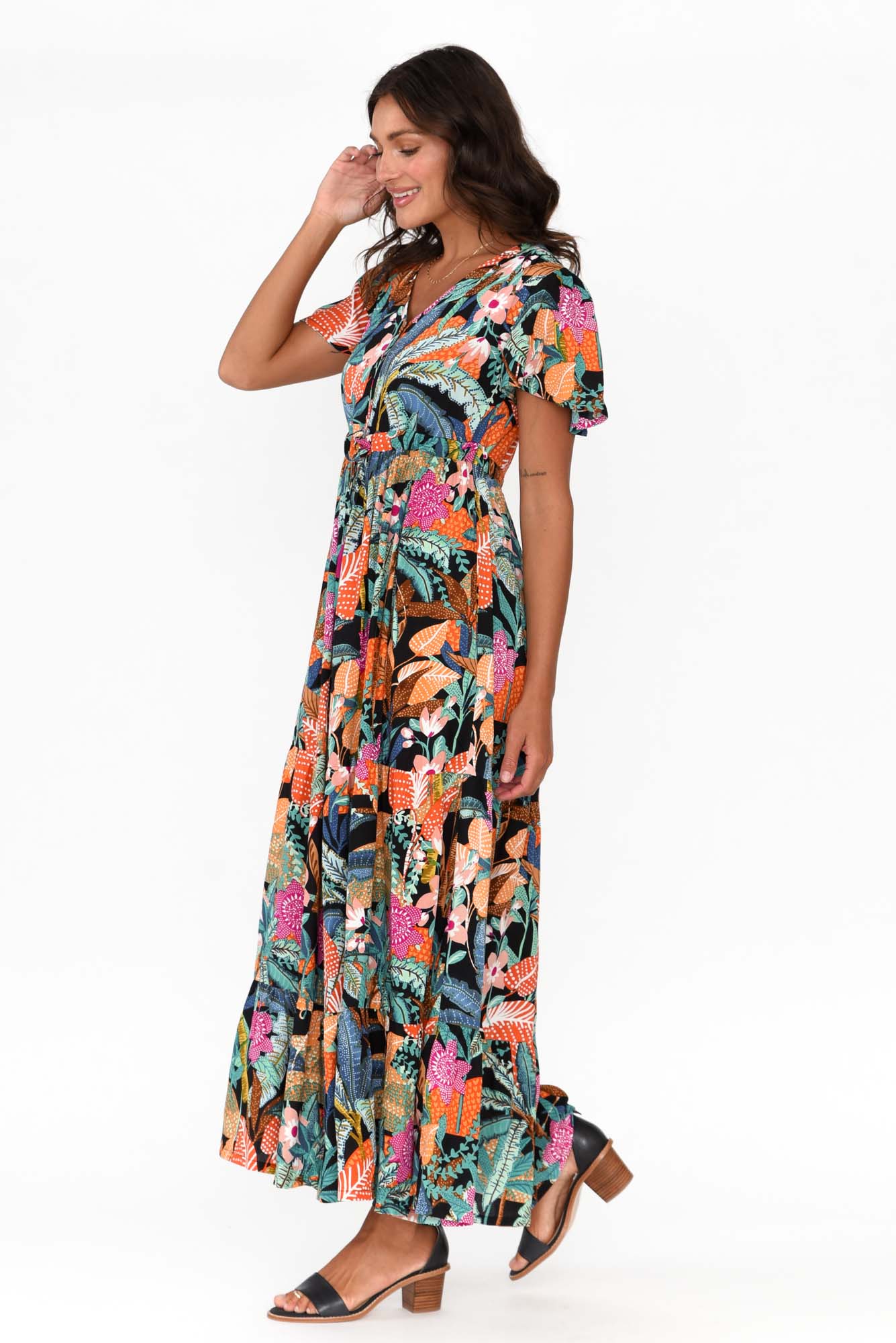 Paphos Black Tropical Tiered Maxi Dress