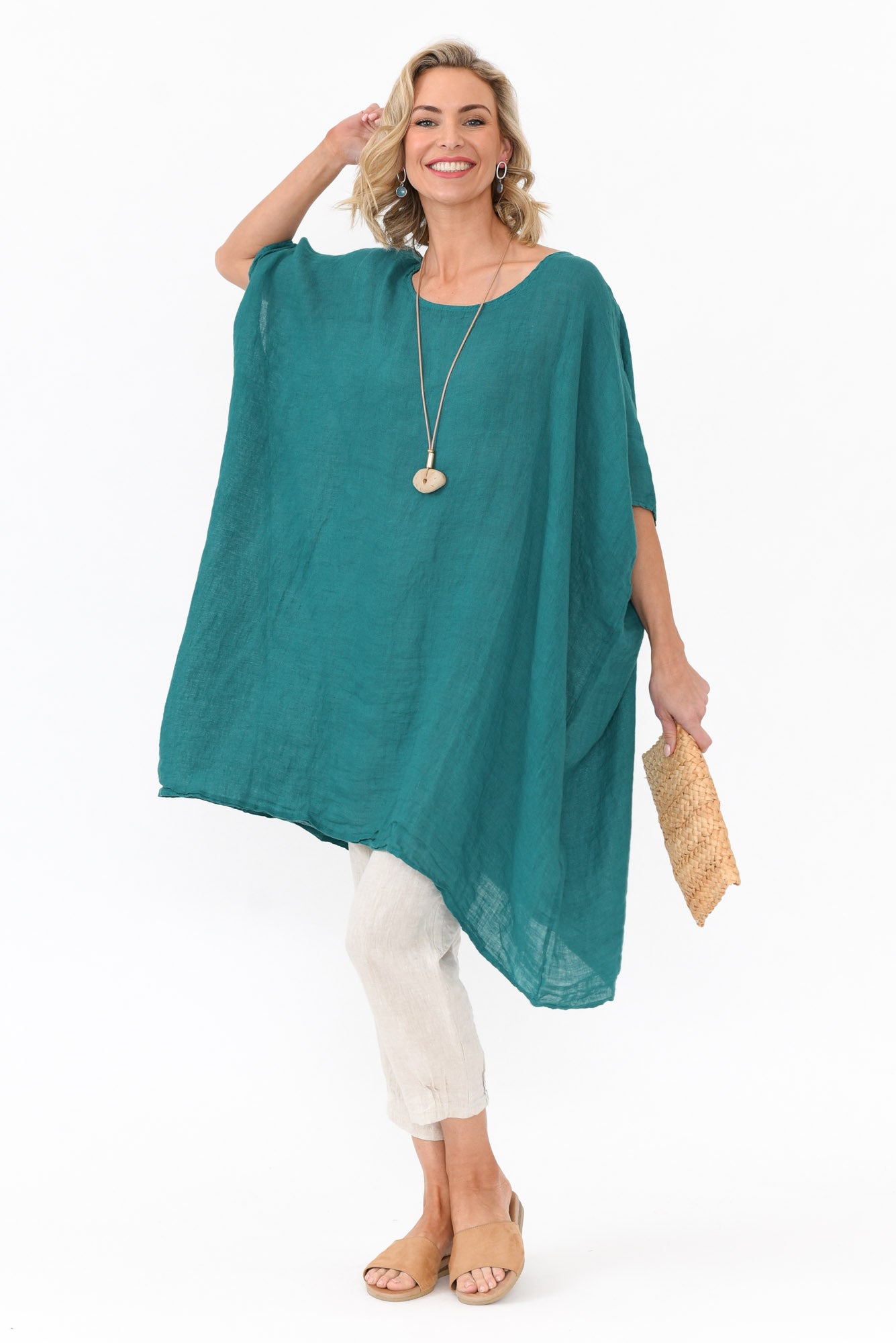 Noemi Teal Linen Kaftan Tunic