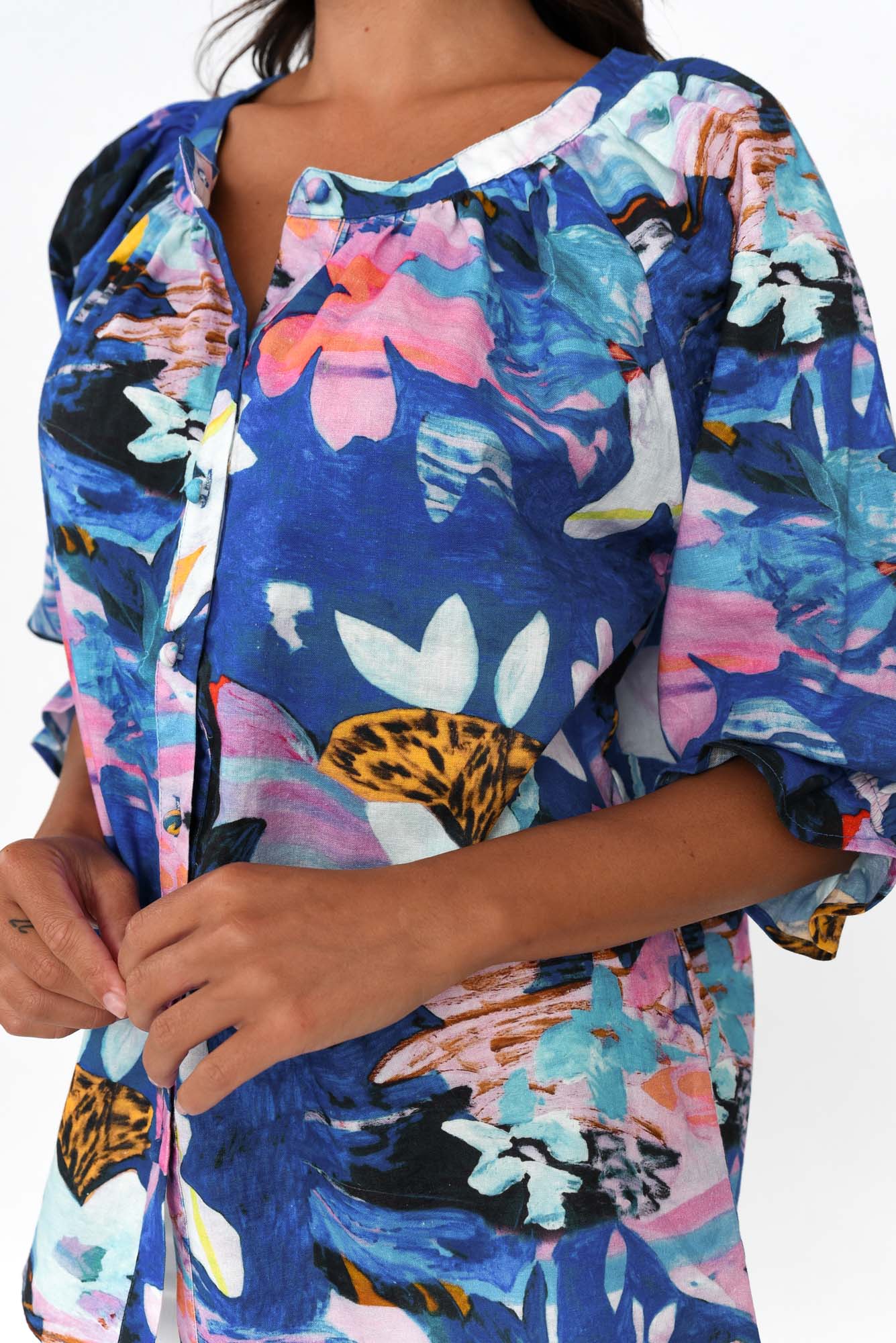 Adria Cobalt Floral Linen Cotton Top