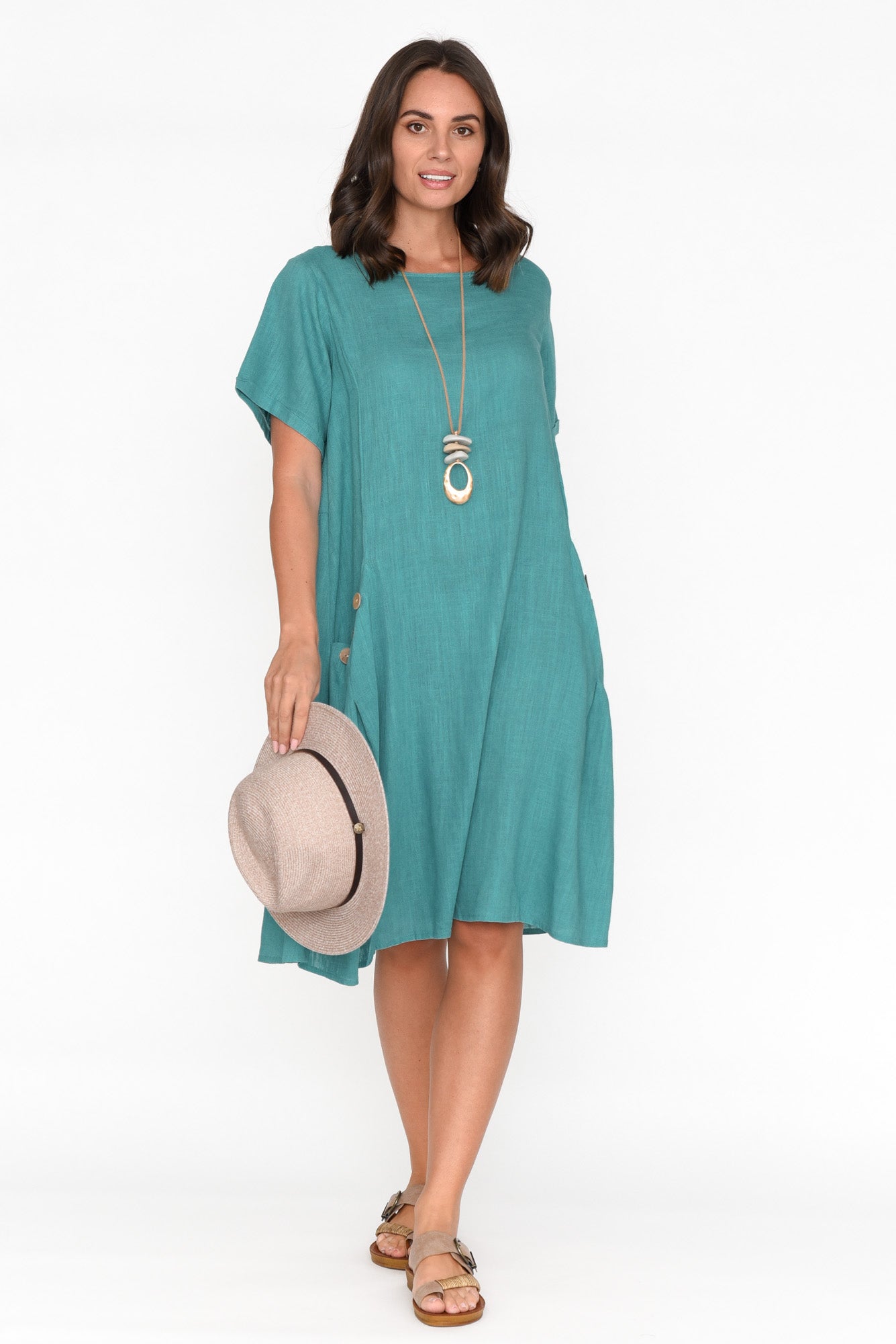 Tyreke Teal Linen Cotton Pocket Dress