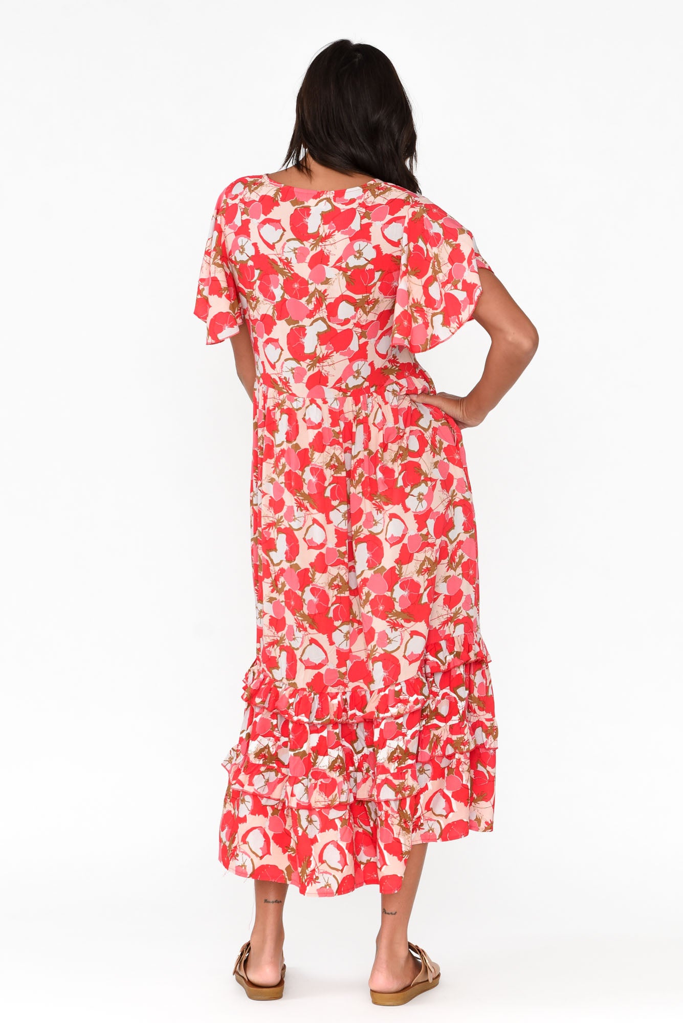 Akira Red Bloom Button Tier Dress