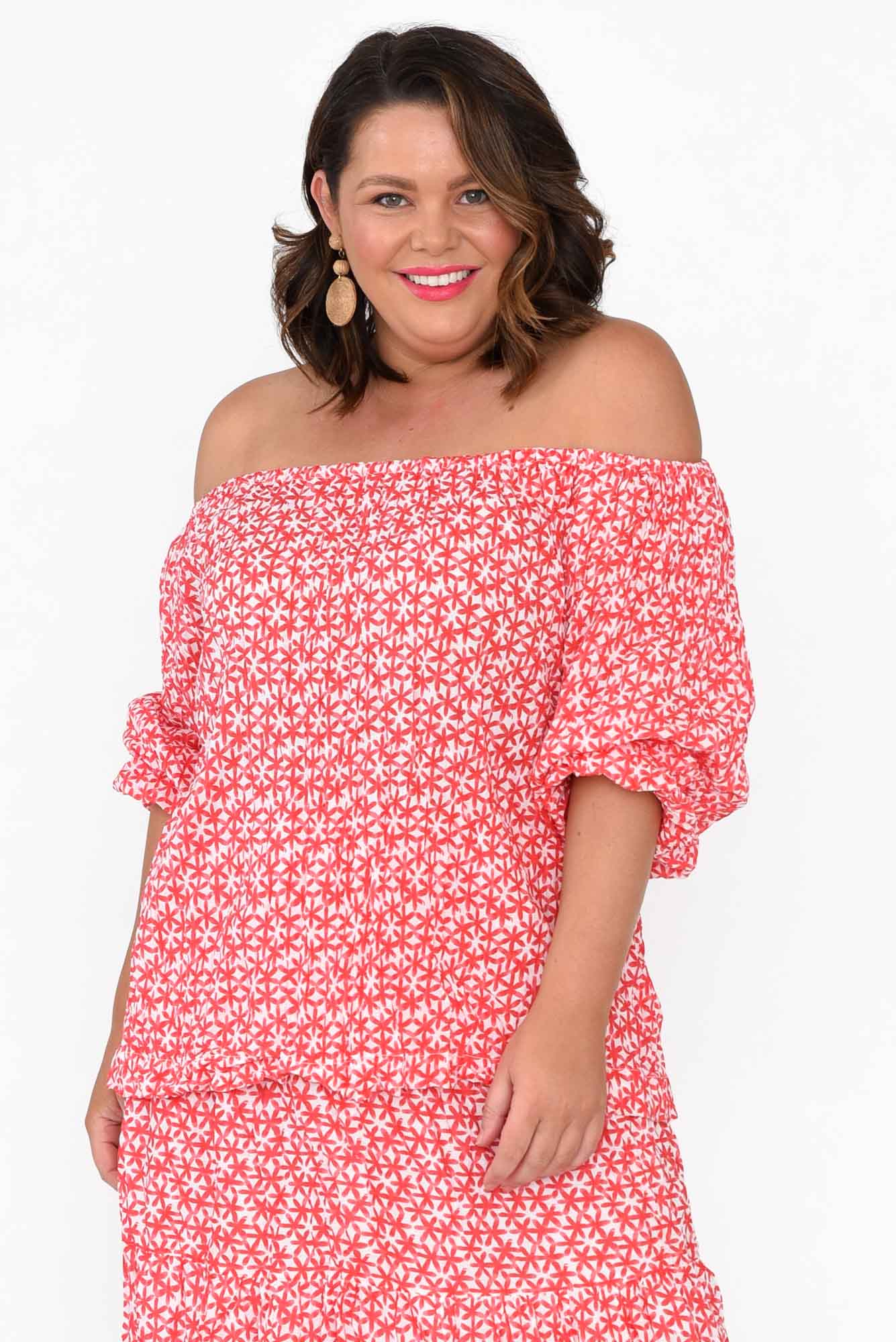 Christina Red Flower Crinkle Cotton Top