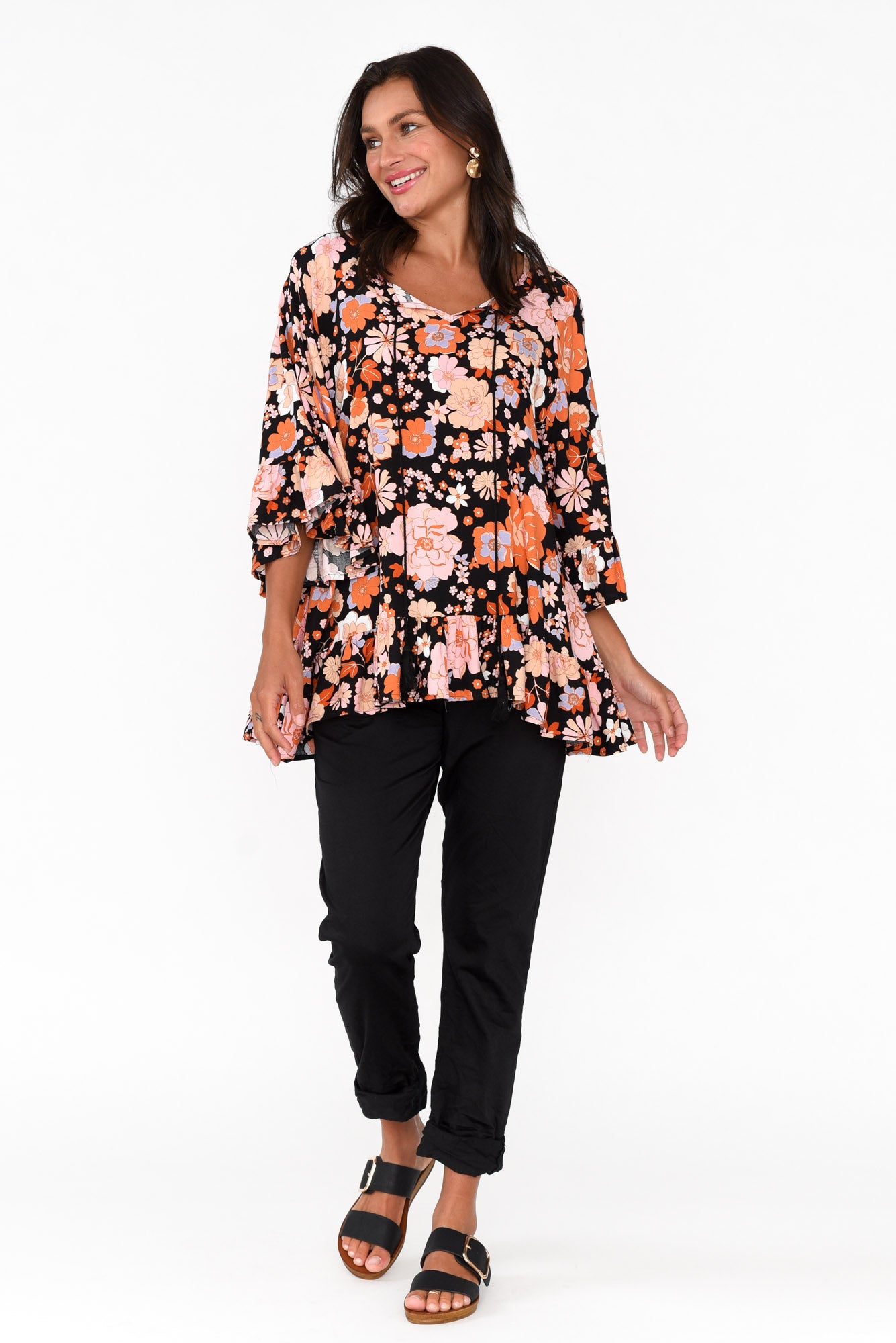 Chase Black Bloom Tassel Ruffle Top