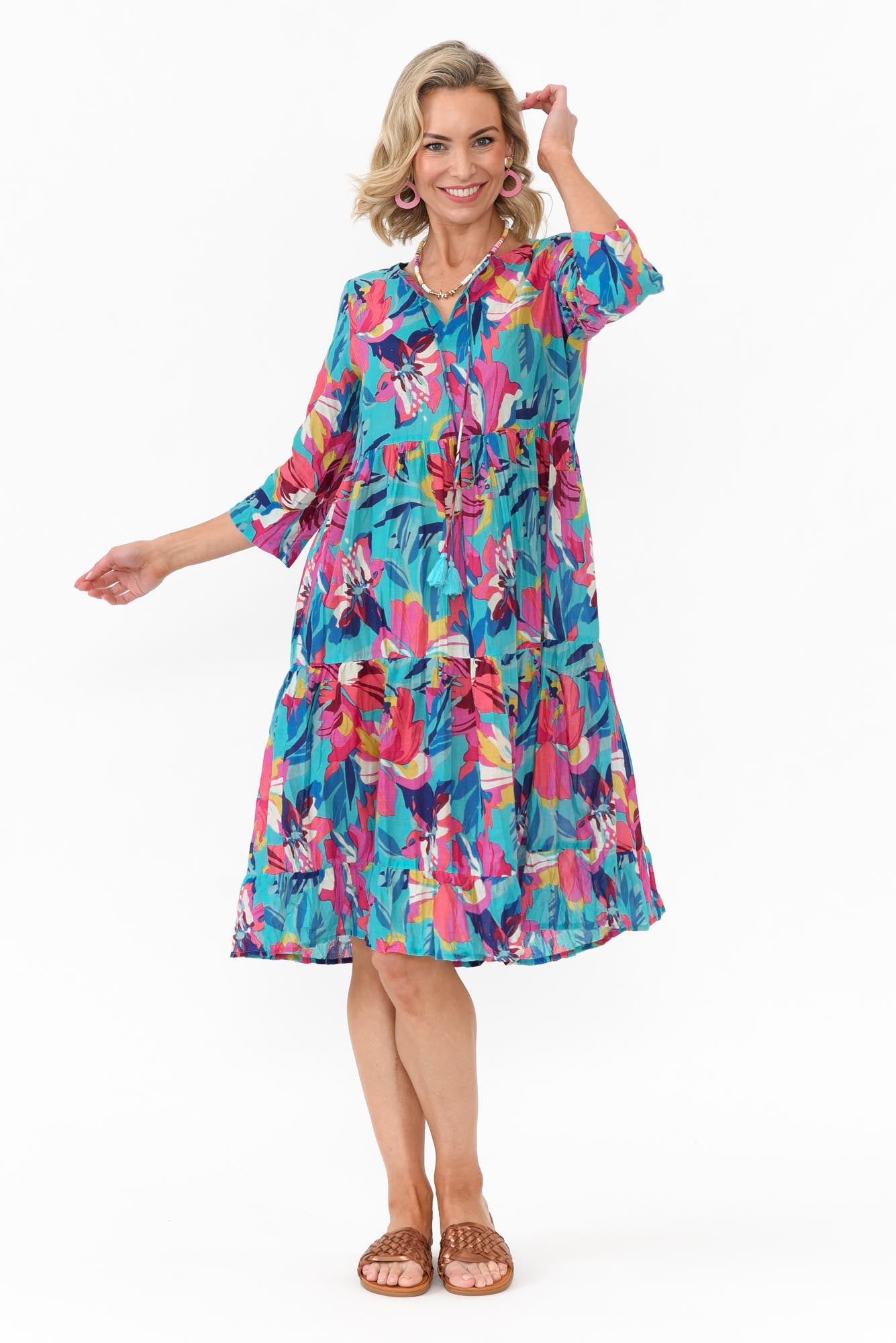 Layla Blue Bloom Crinkle Cotton Dress