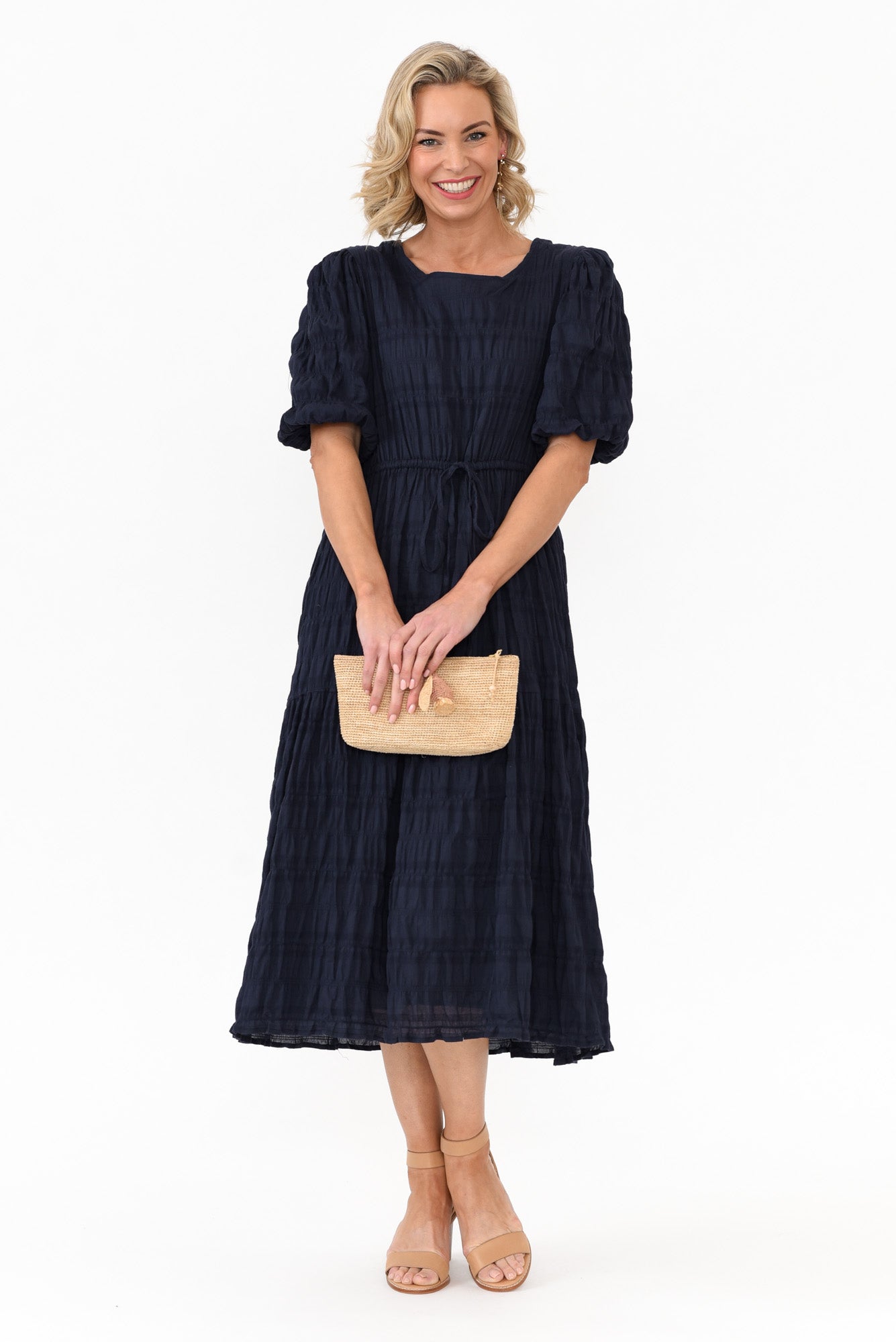 Rava Navy Cotton Tie Dress